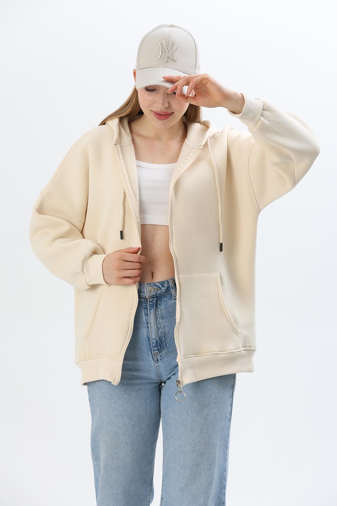  Kapüşonlu Fermuarlı Cepli Oversize Şardonlu Sweatshirt Krem