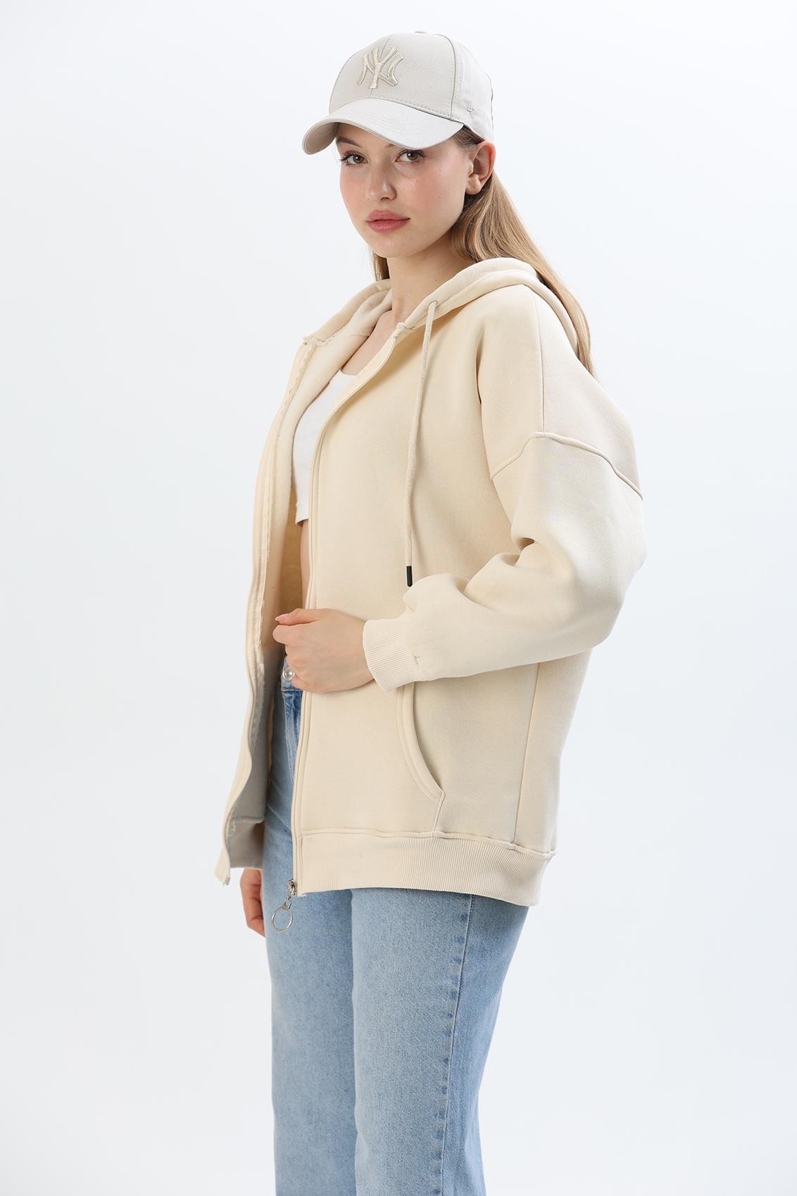  Kapüşonlu Fermuarlı Cepli Oversize Şardonlu Sweatshirt Krem