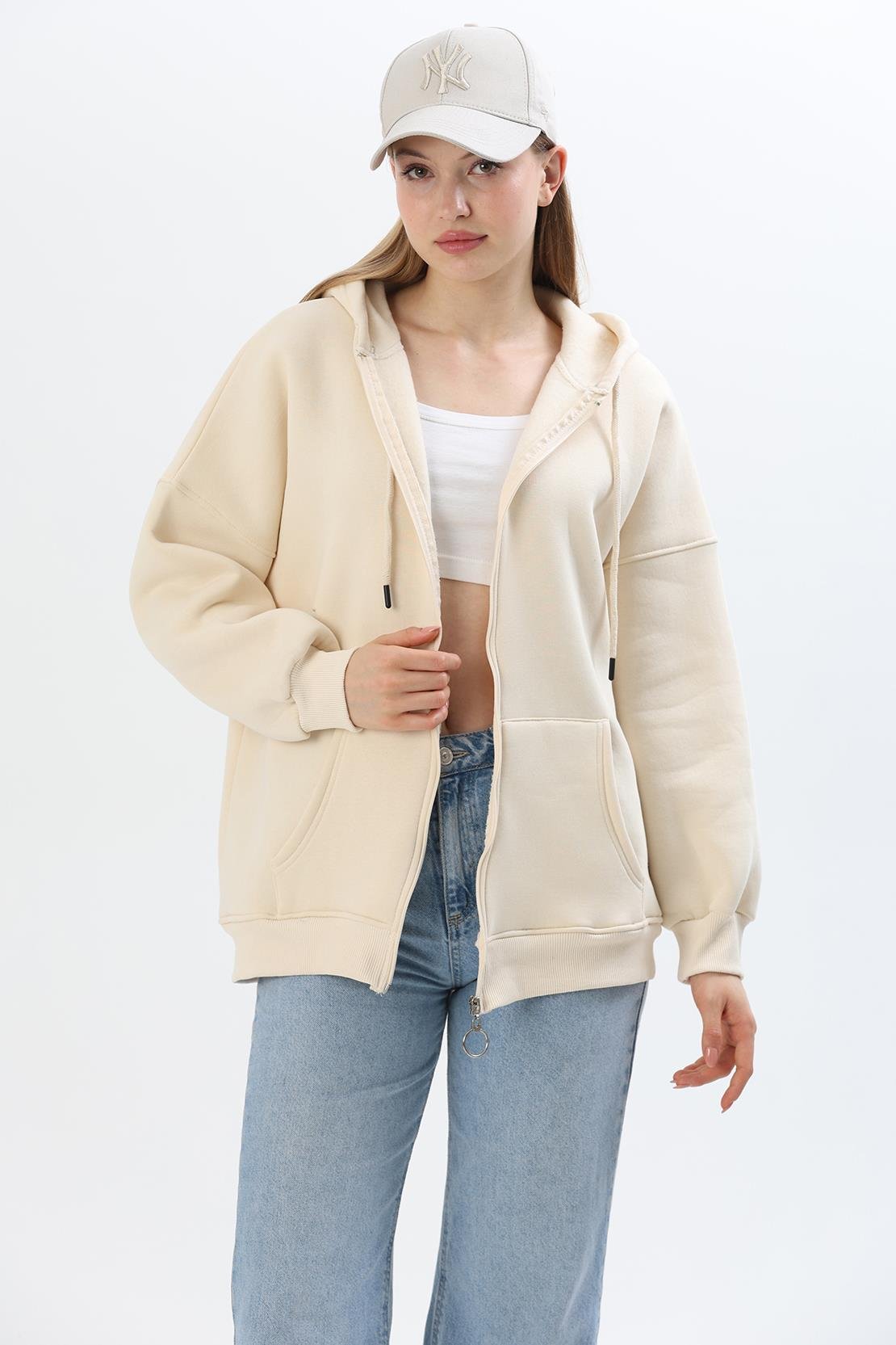  Kapüşonlu Fermuarlı Cepli Oversize Şardonlu Sweatshirt Krem