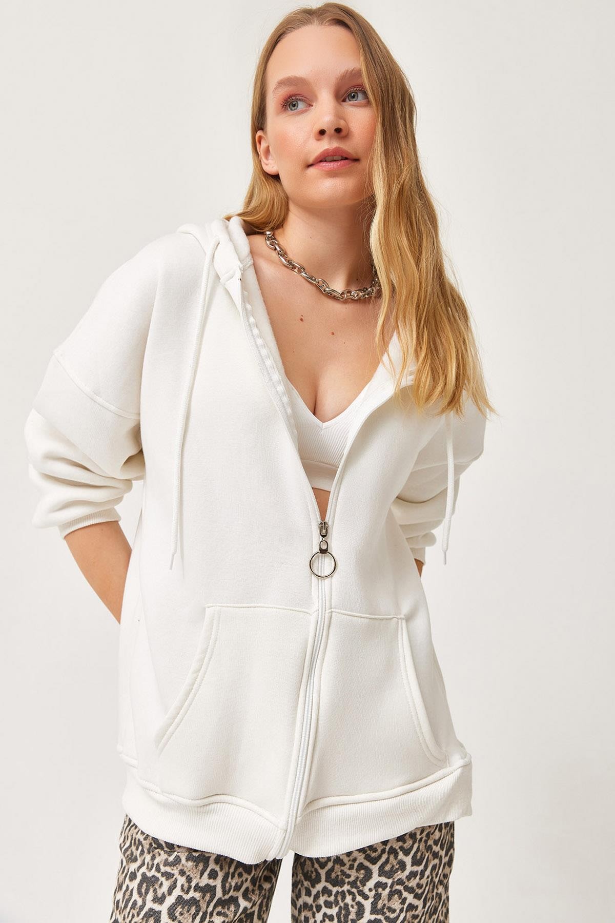  Kapüşonlu Fermuarlı cepli Oversize Şardonlu Sweatshirt Beyaz