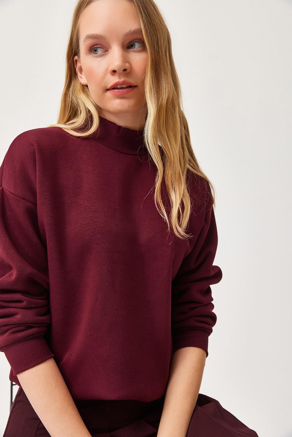Balıkçı Yaka Şardonlu 3 ip Örme Sweatshirt Bordo