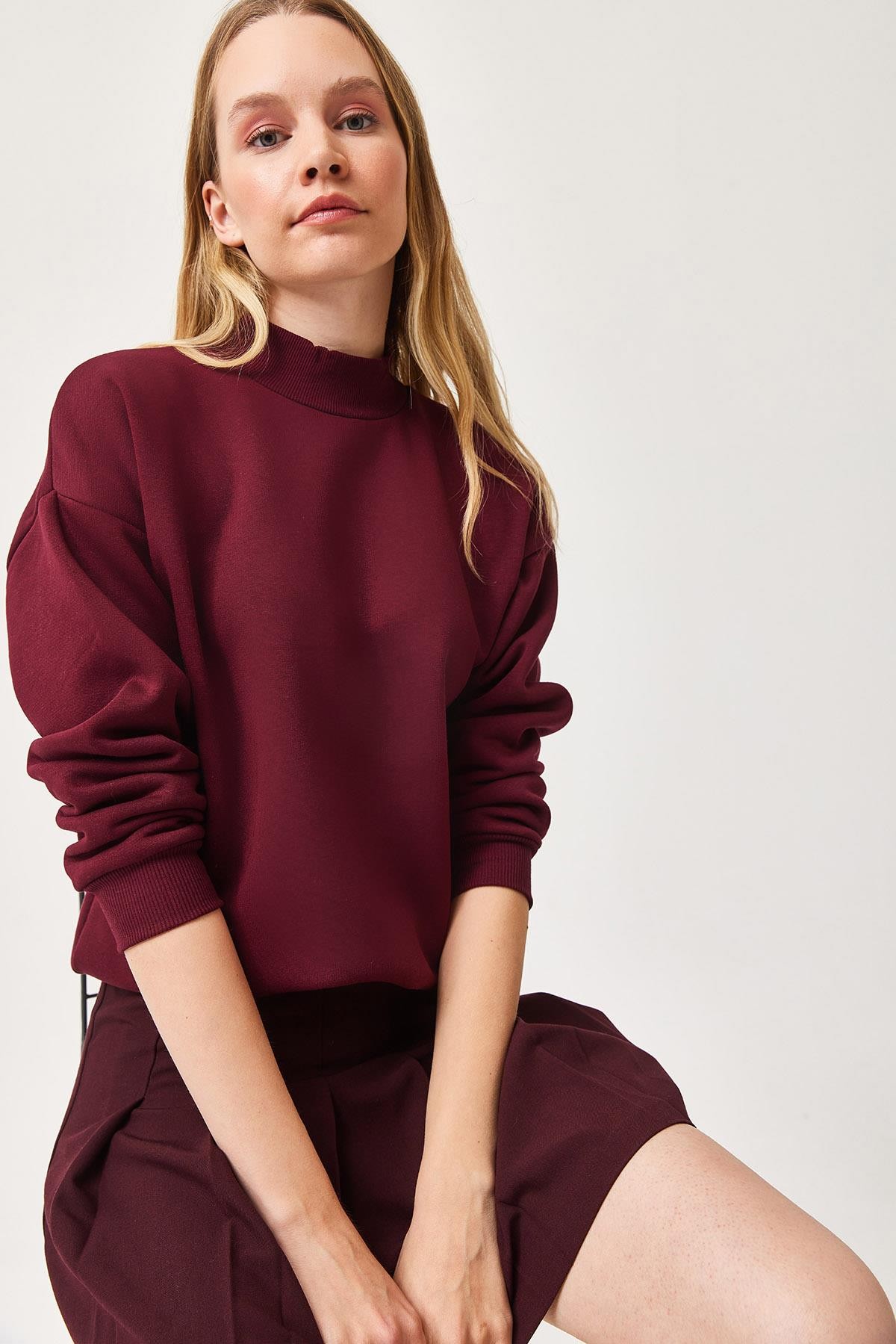 Balıkçı Yaka Şardonlu 3 ip Örme Sweatshirt Bordo