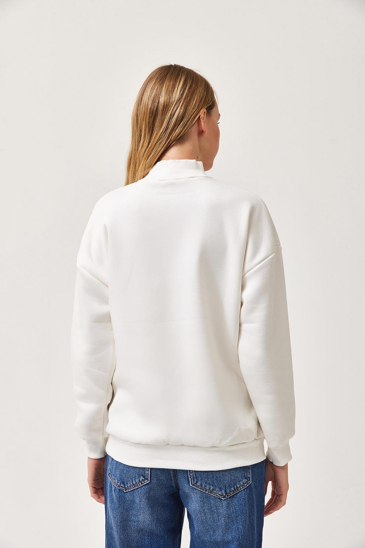 Balıkçı Yaka Şardonlu 3 ip Örme Sweatshirt Beyaz