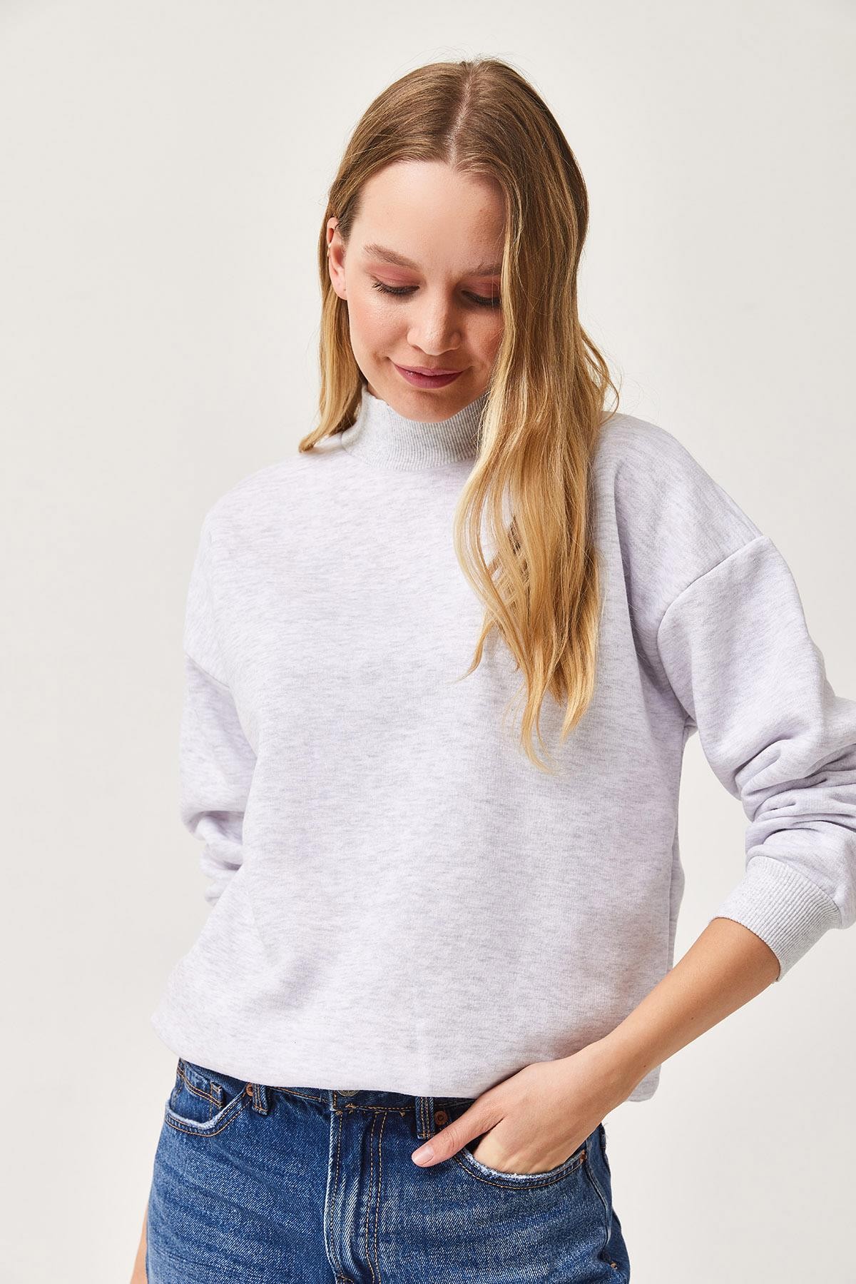 Balıkçı Yaka Şardonlu 3 ip Örme Sweatshirt Gri