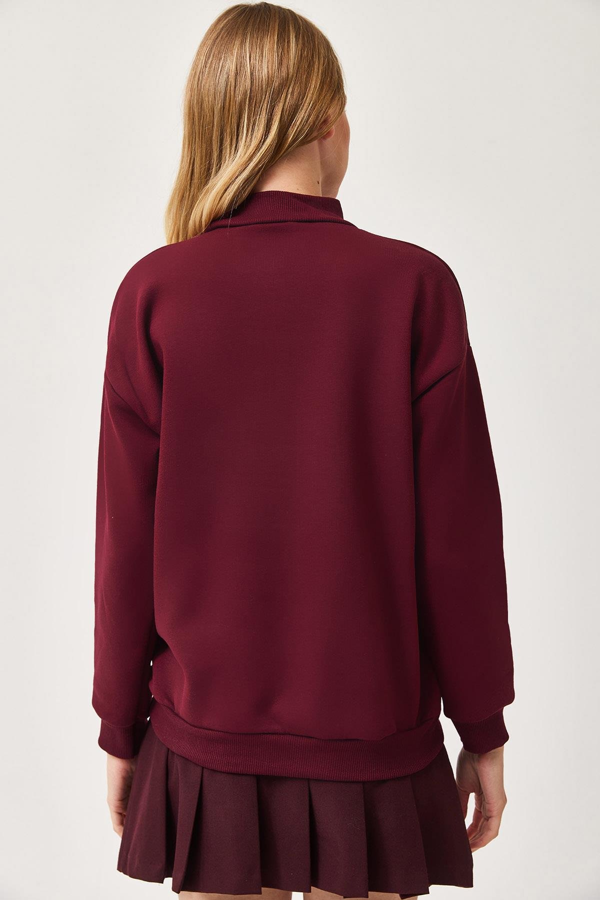 Balıkçı Yaka Şardonlu 3 ip Örme Sweatshirt Bordo