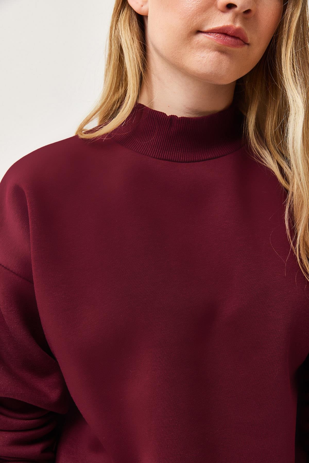 Balıkçı Yaka Şardonlu 3 ip Örme Sweatshirt Bordo