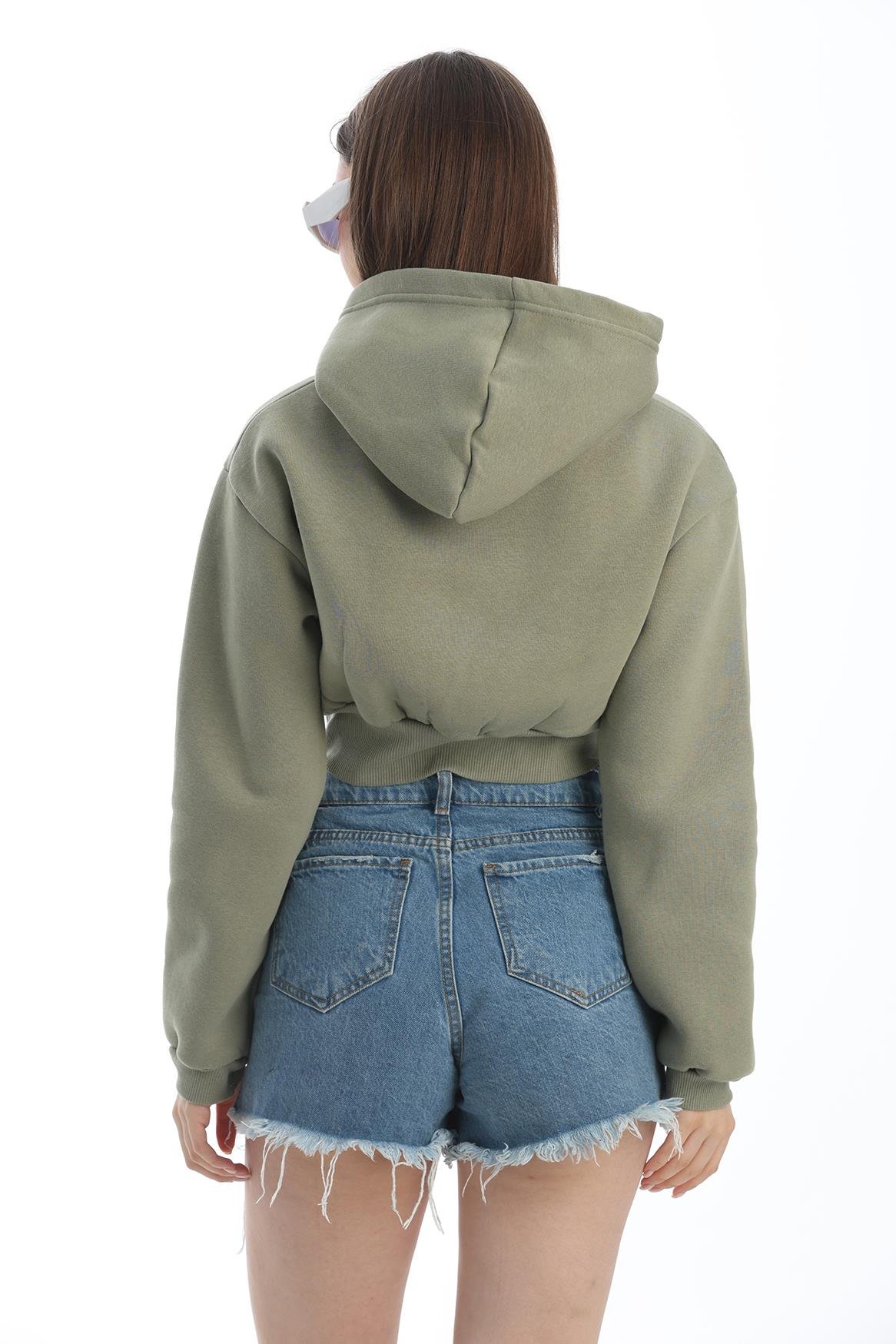 Bel Detaylı Fermuarlı Crop Sweatshirt Haki