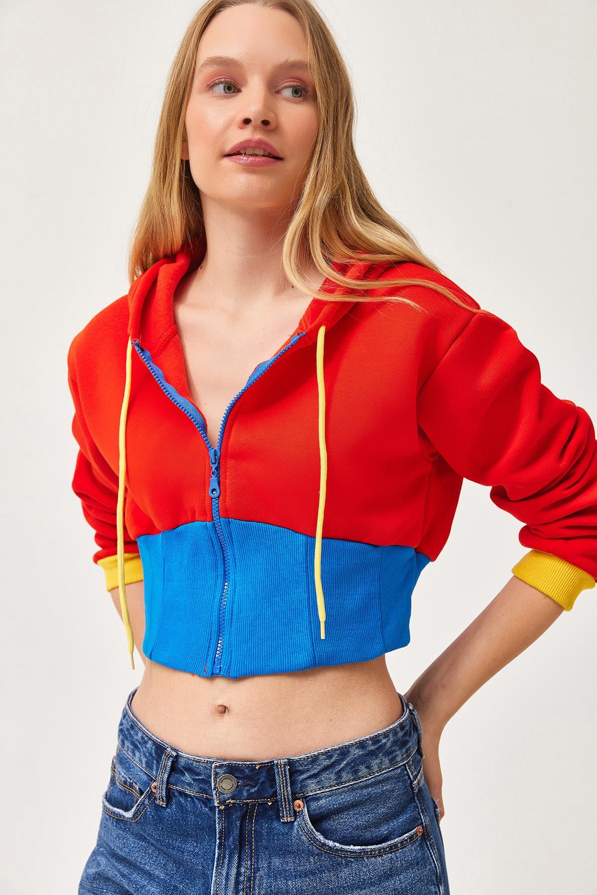 Bel Detaylı Fermuarlı Crop Sweatshirt Turuncu