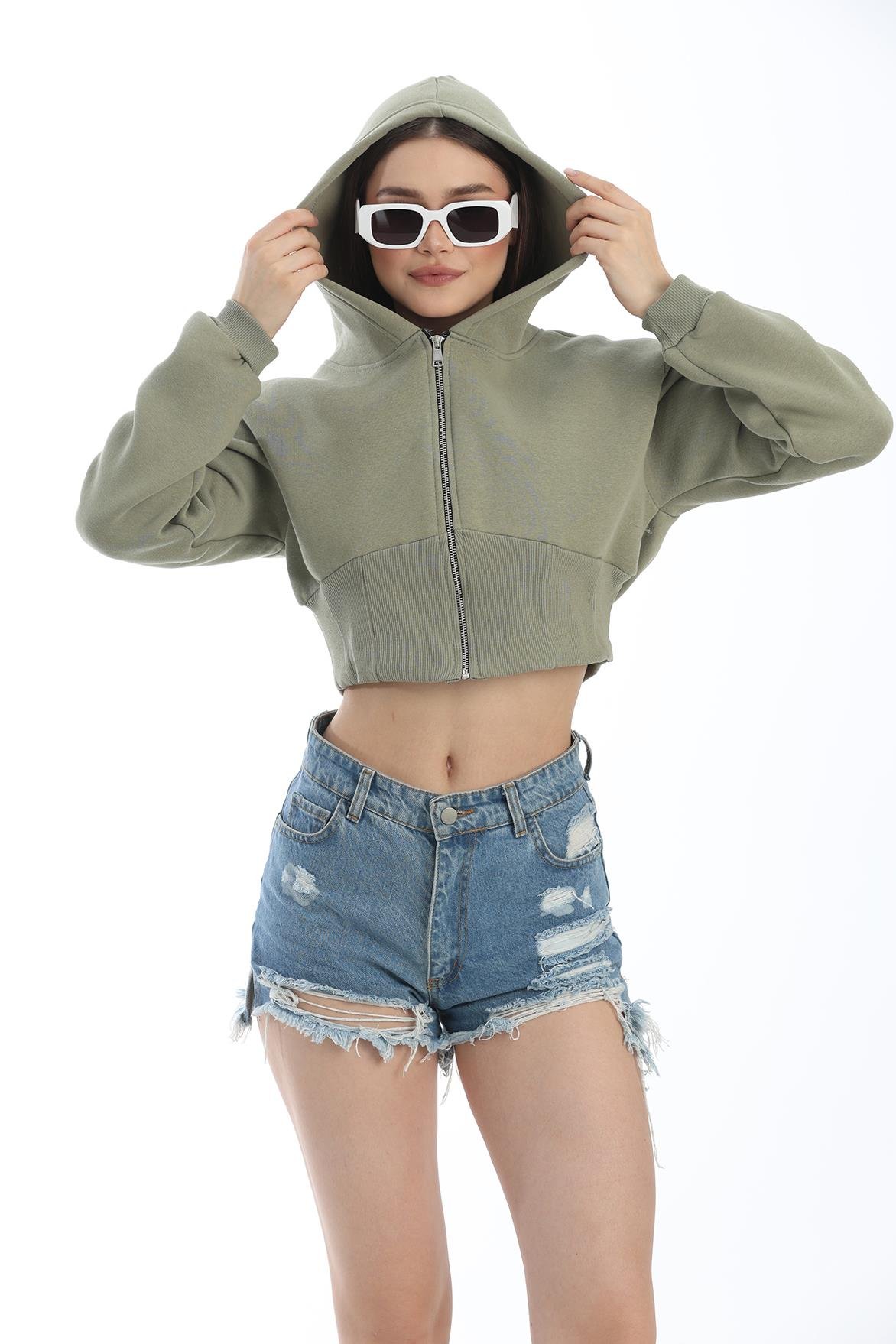 Bel Detaylı Fermuarlı Crop Sweatshirt Haki