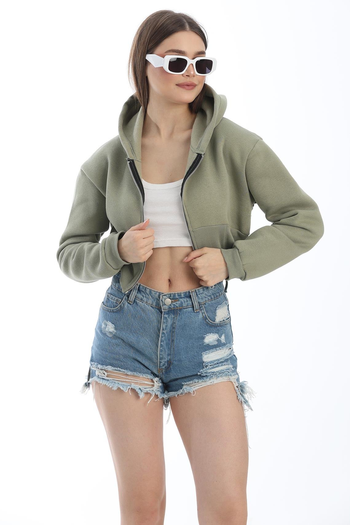 Bel Detaylı Fermuarlı Crop Sweatshirt Haki