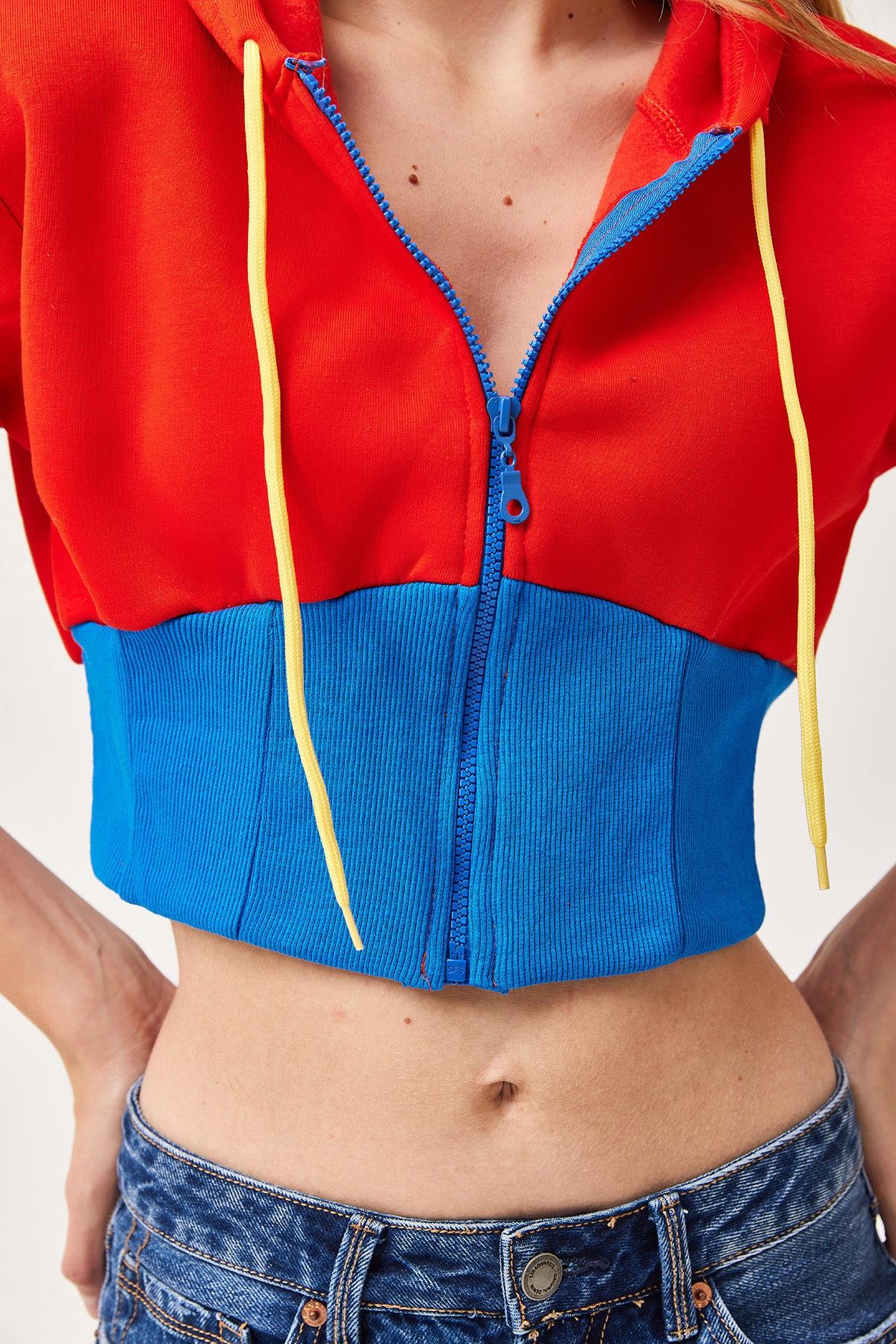 Bel Detaylı Fermuarlı Crop Sweatshirt Turuncu