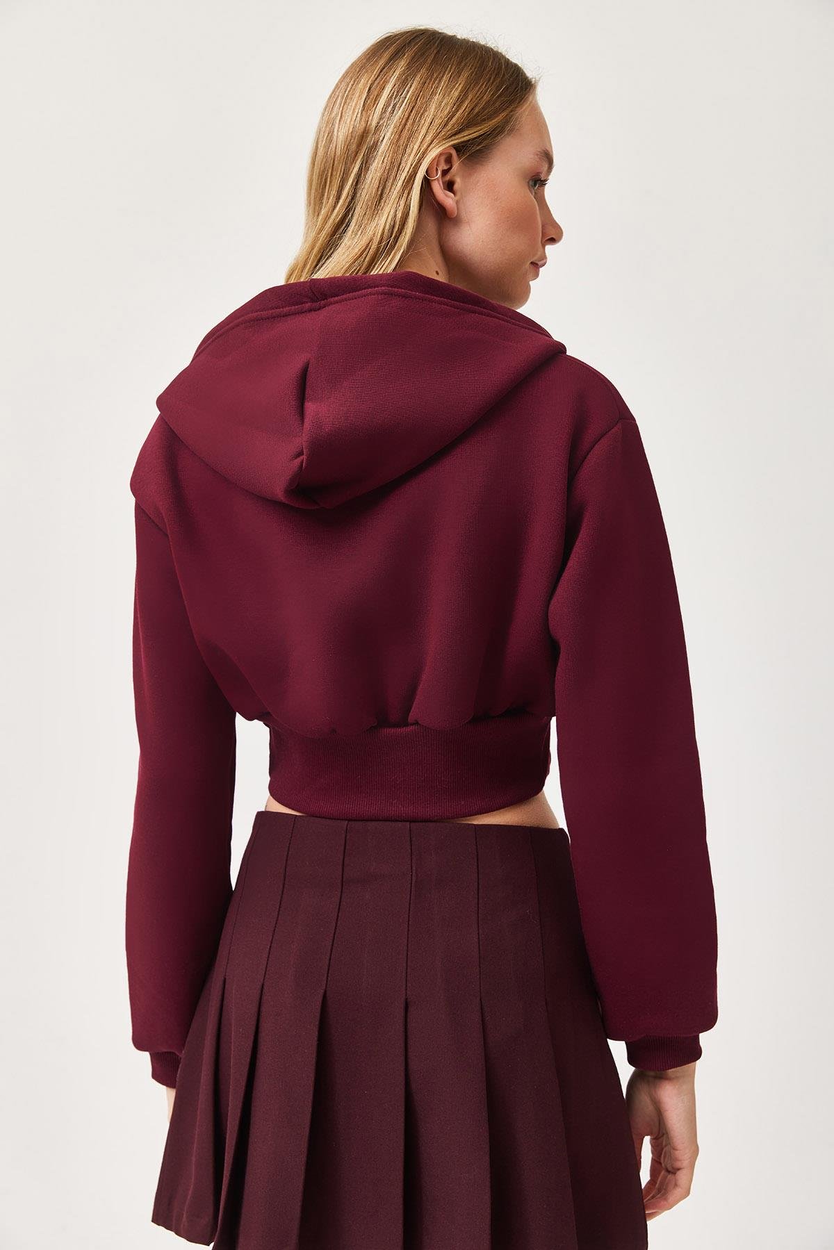 Bel Detaylı Fermuarlı Crop Sweatshirt Bordo