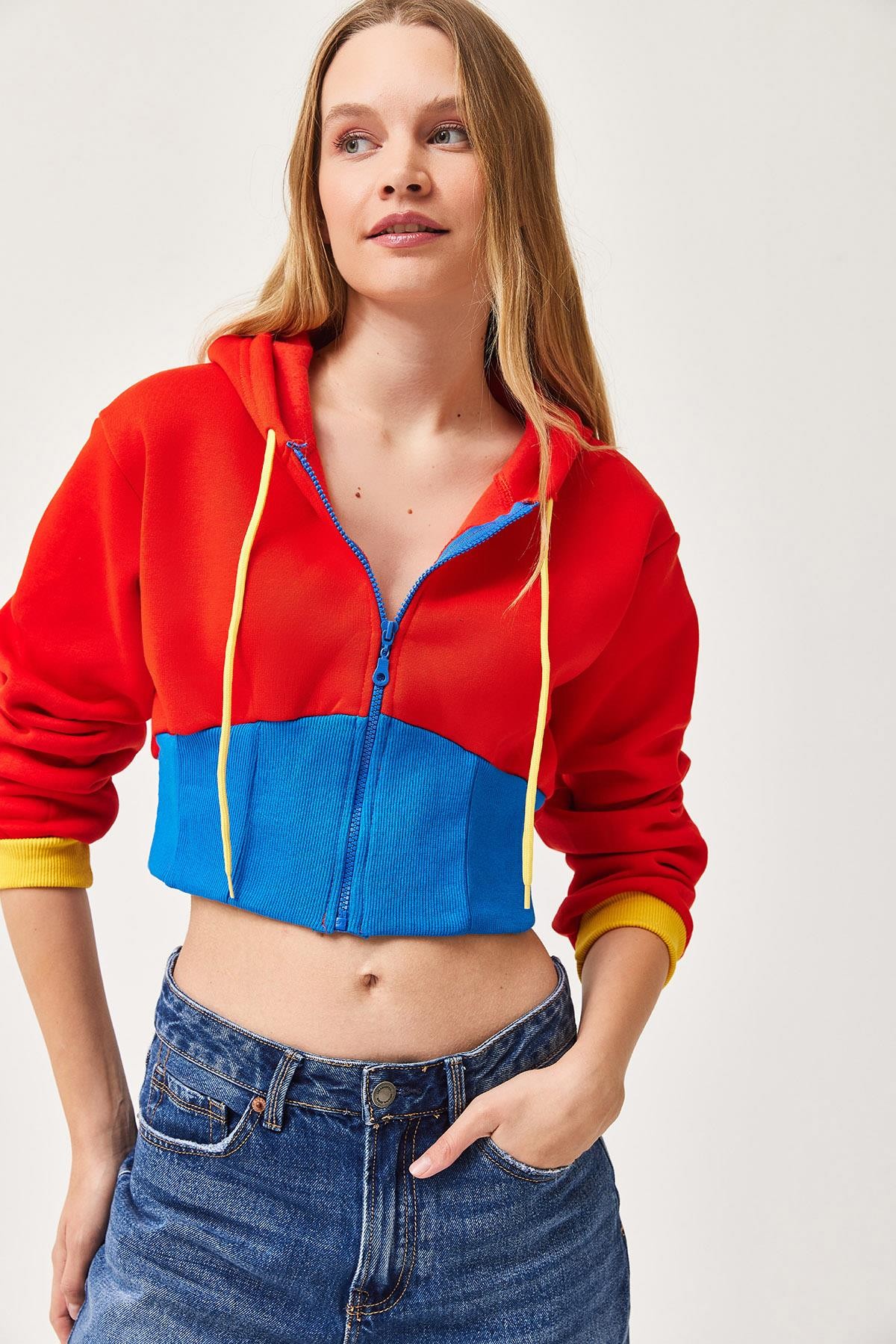 Bel Detaylı Fermuarlı Crop Sweatshirt Turuncu
