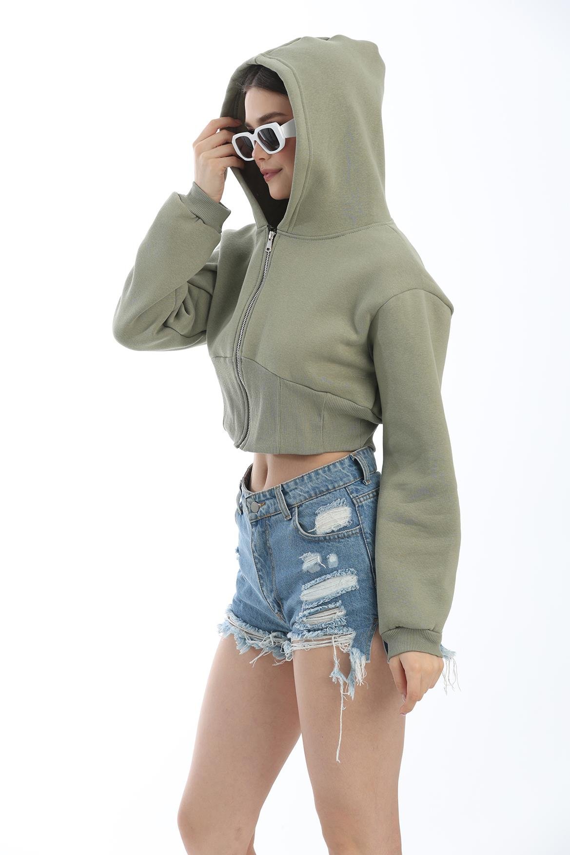 Bel Detaylı Fermuarlı Crop Sweatshirt Haki