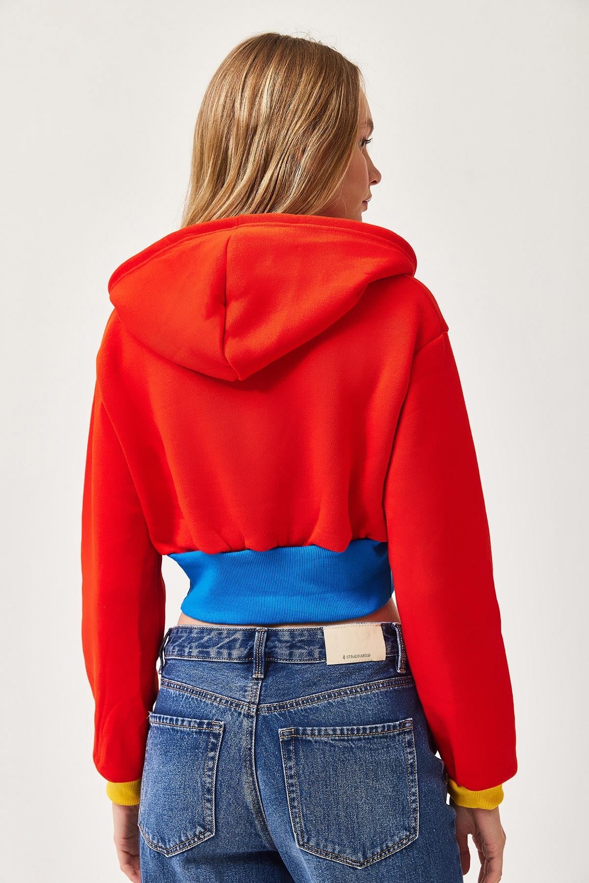 Bel Detaylı Fermuarlı Crop Sweatshirt Turuncu