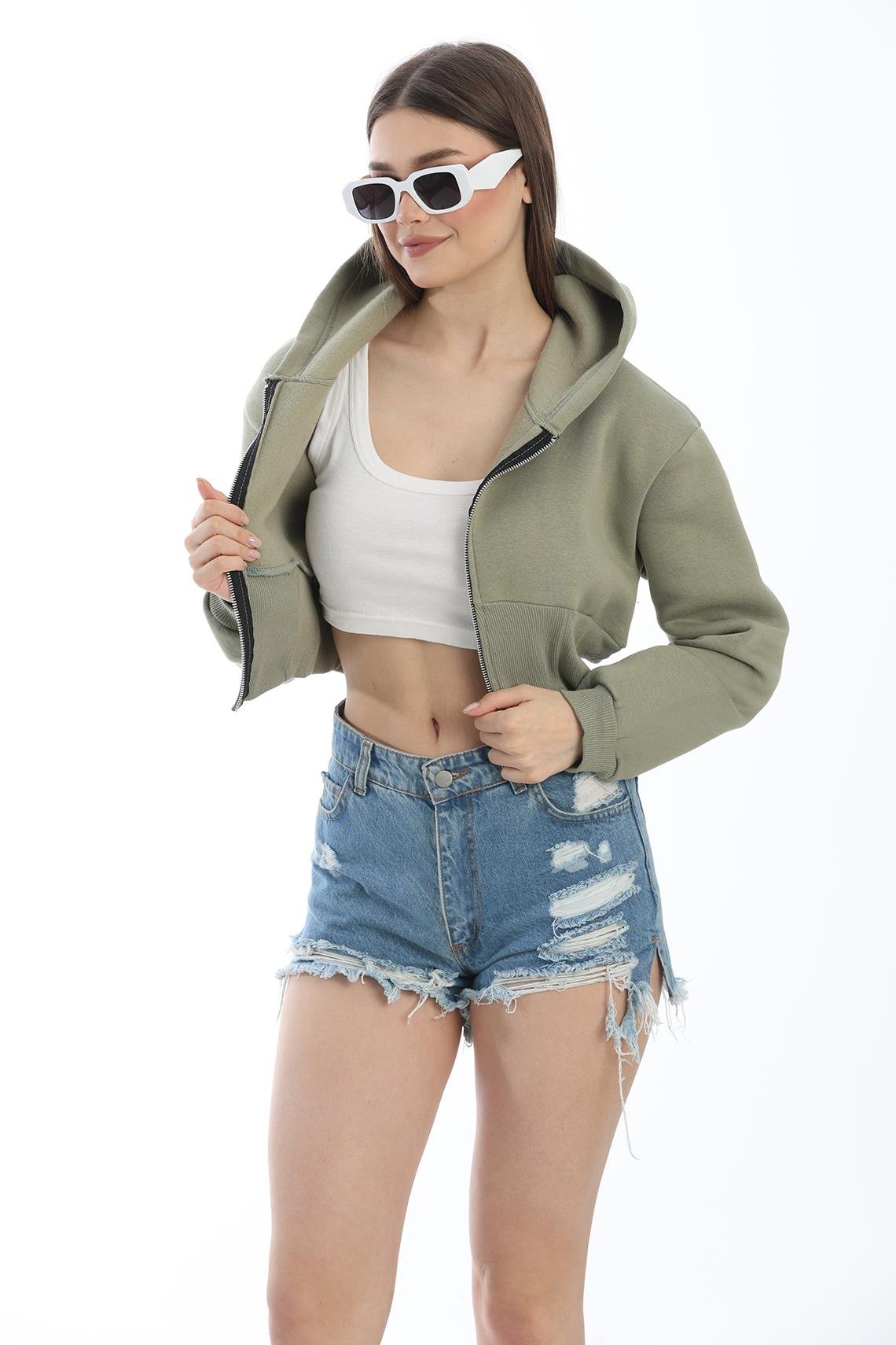 Bel Detaylı Fermuarlı Crop Sweatshirt Haki