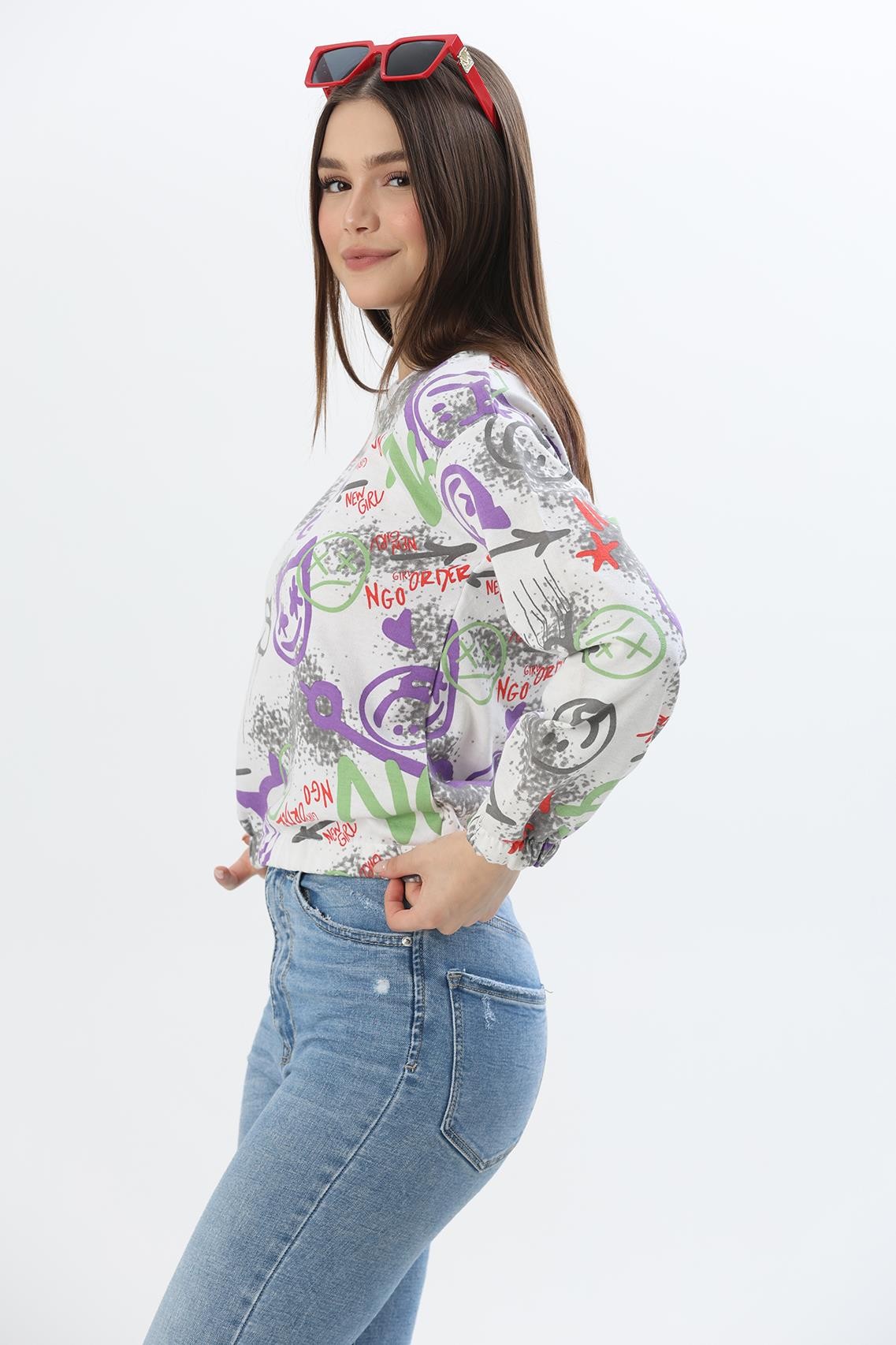 Bisiklet Yaka Desenli Sweatshirt Beyaz