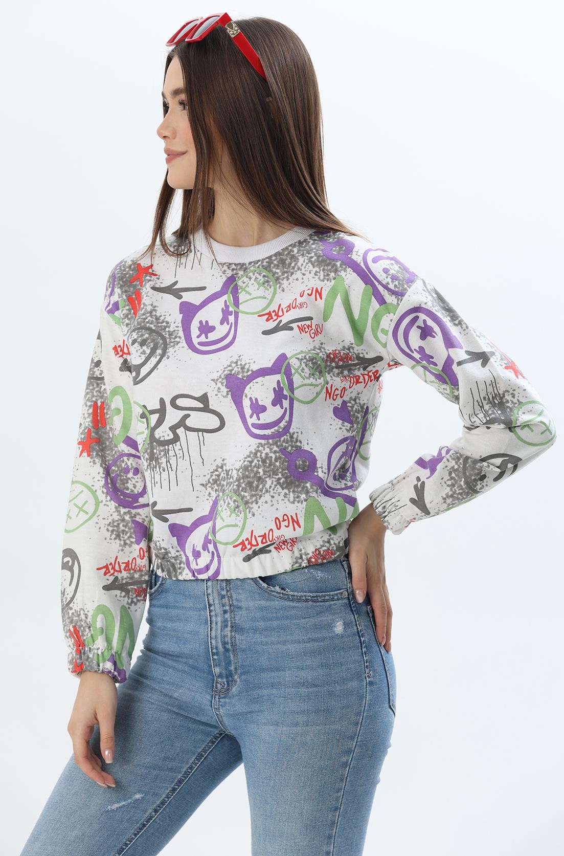 Bisiklet Yaka Desenli Sweatshirt Beyaz