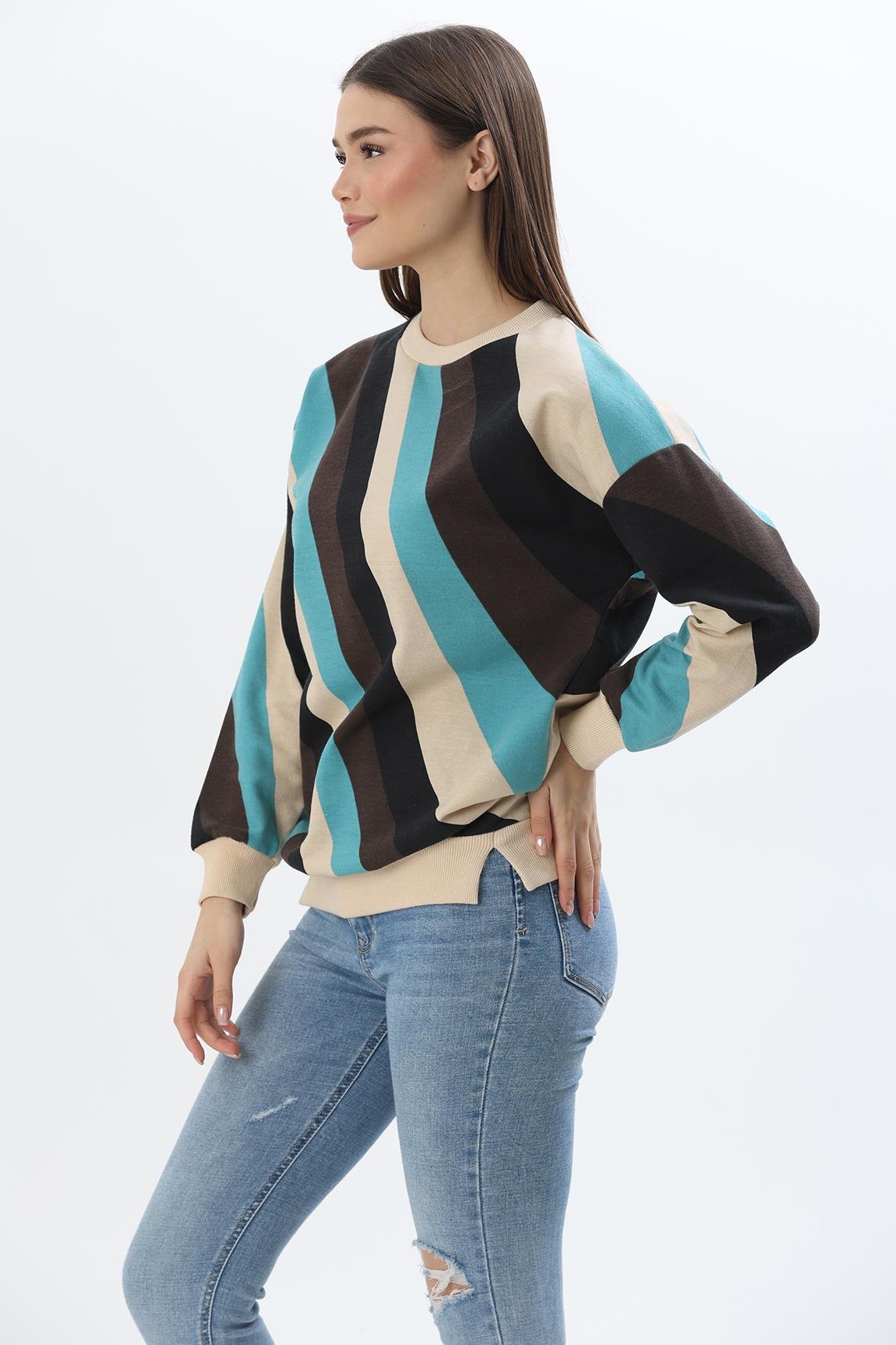 Çiçek Desen İki İplik Sweatshirt Bej