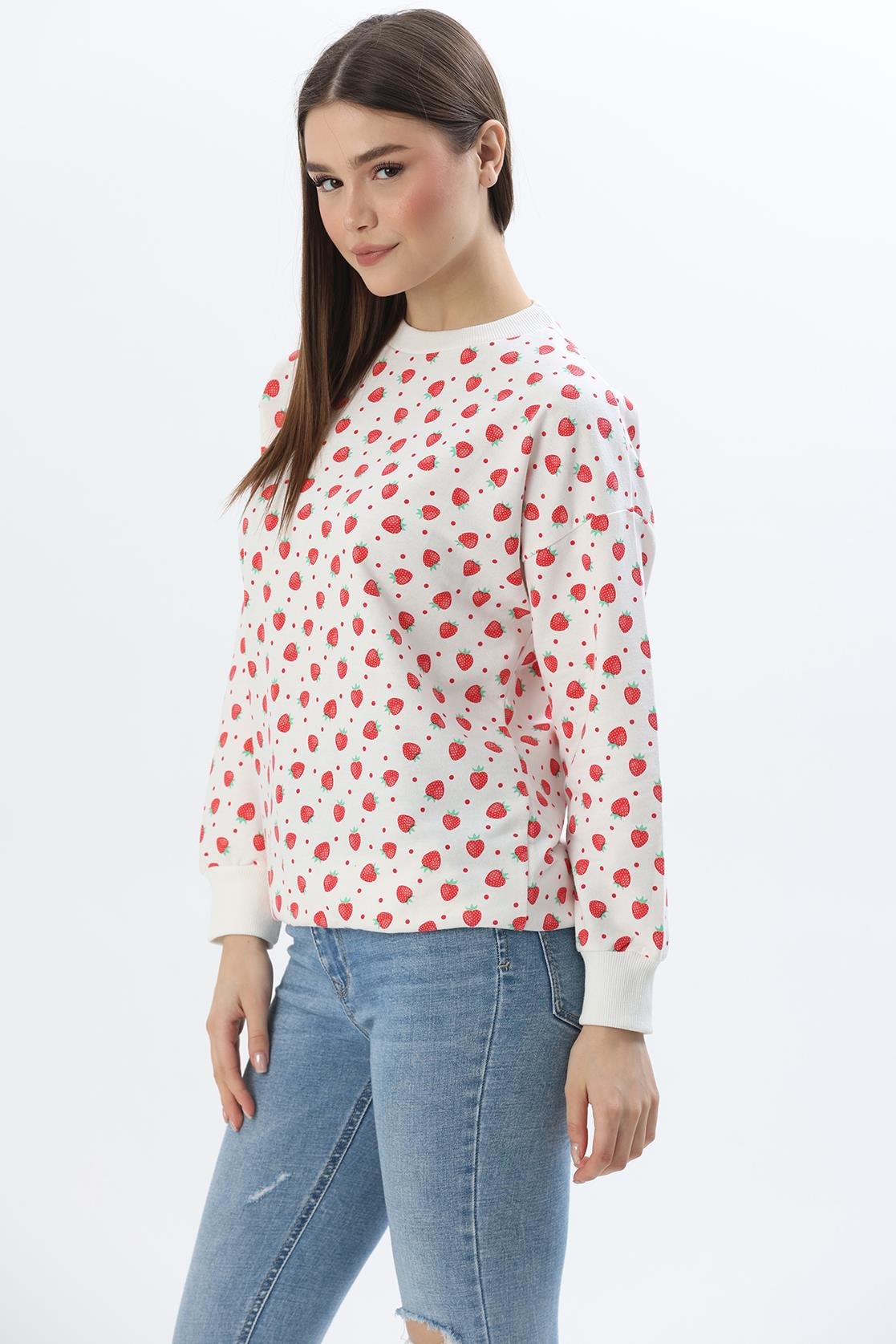 Çiçek Desen İki İplik Sweatshirt Beyaz