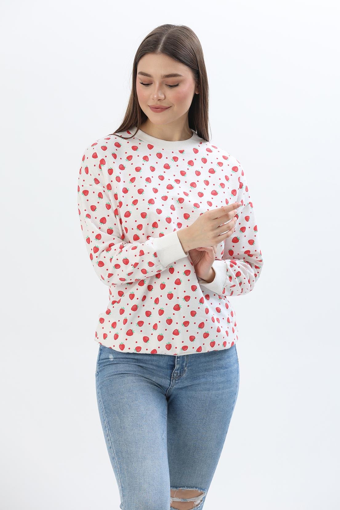 Çiçek Desen İki İplik Sweatshirt Beyaz