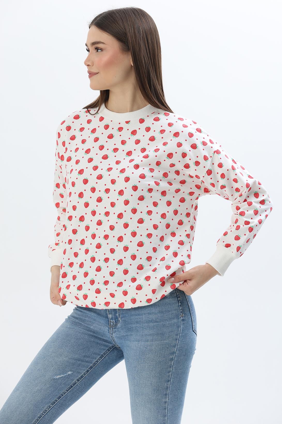 Çiçek Desen İki İplik Sweatshirt Beyaz