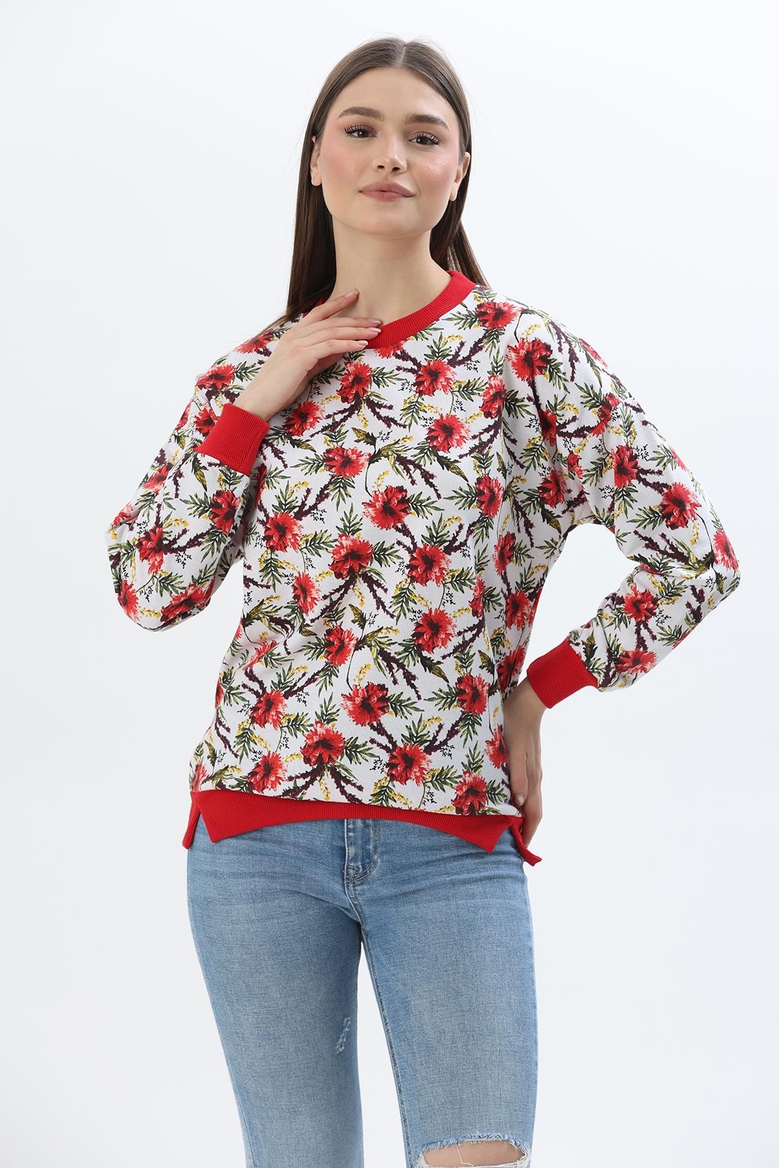 Çiçek Desen İki İplik Sweatshirt Kırmızı
