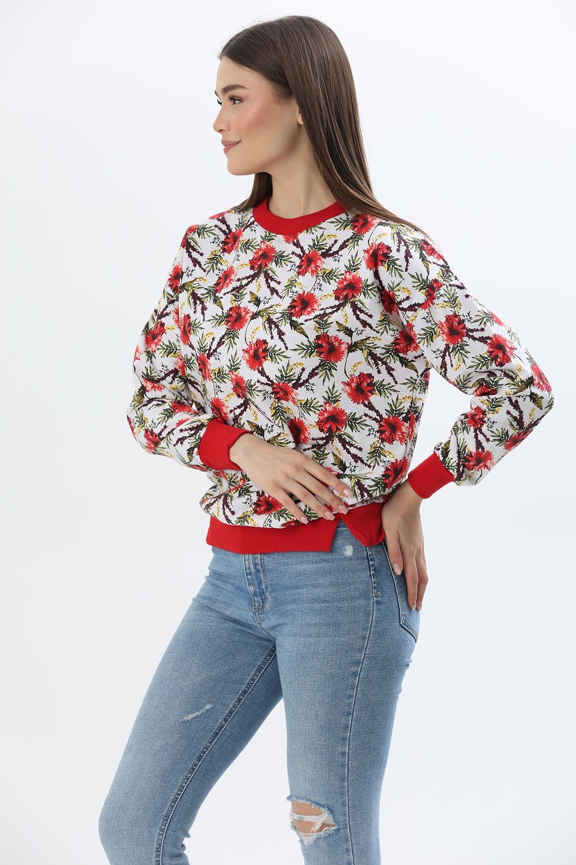 Çiçek Desen İki İplik Sweatshirt Kırmızı