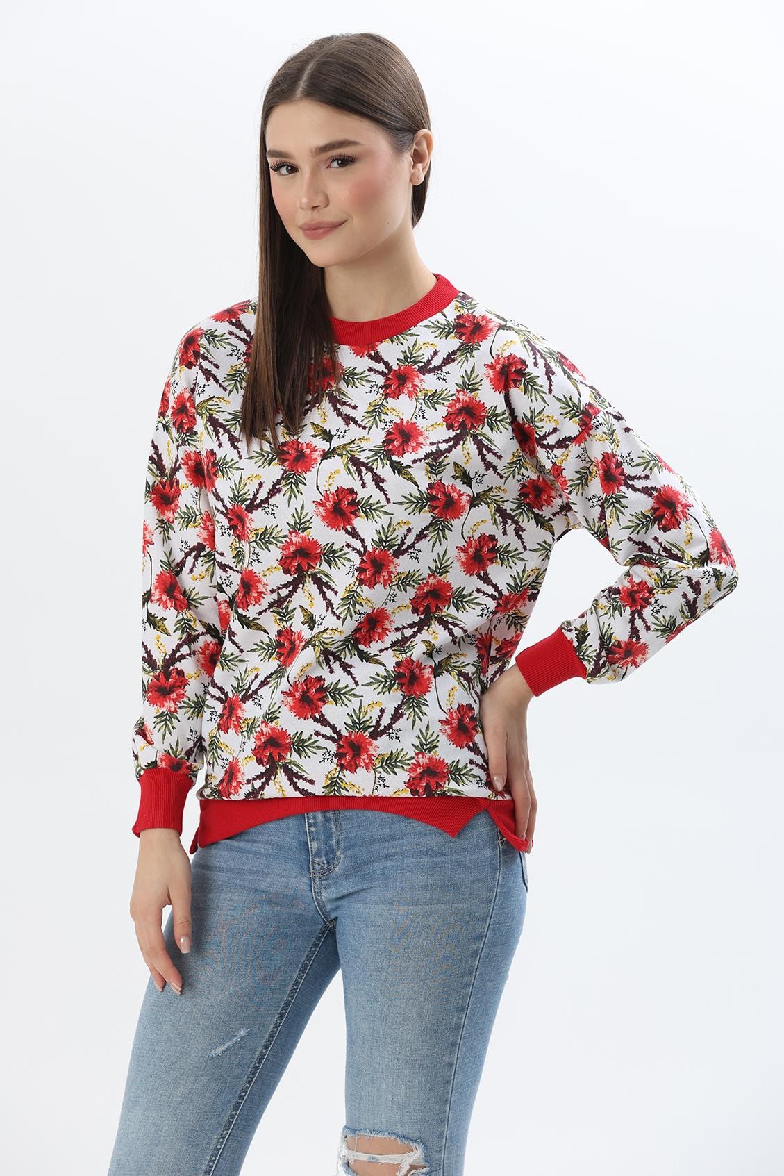 Çiçek Desen İki İplik Sweatshirt Kırmızı