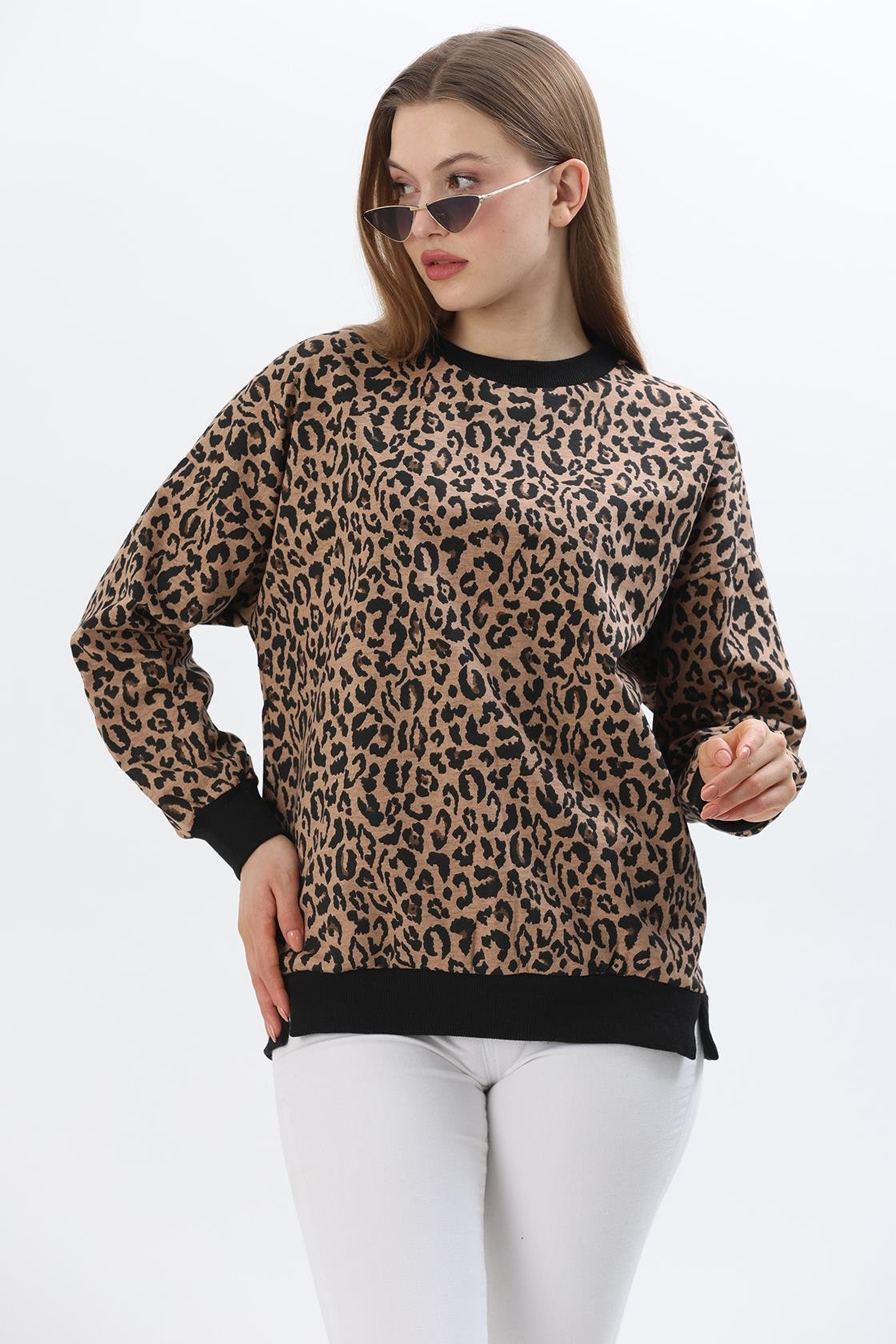 Çiçek Desen İki İplik Sweatshirt Leopar