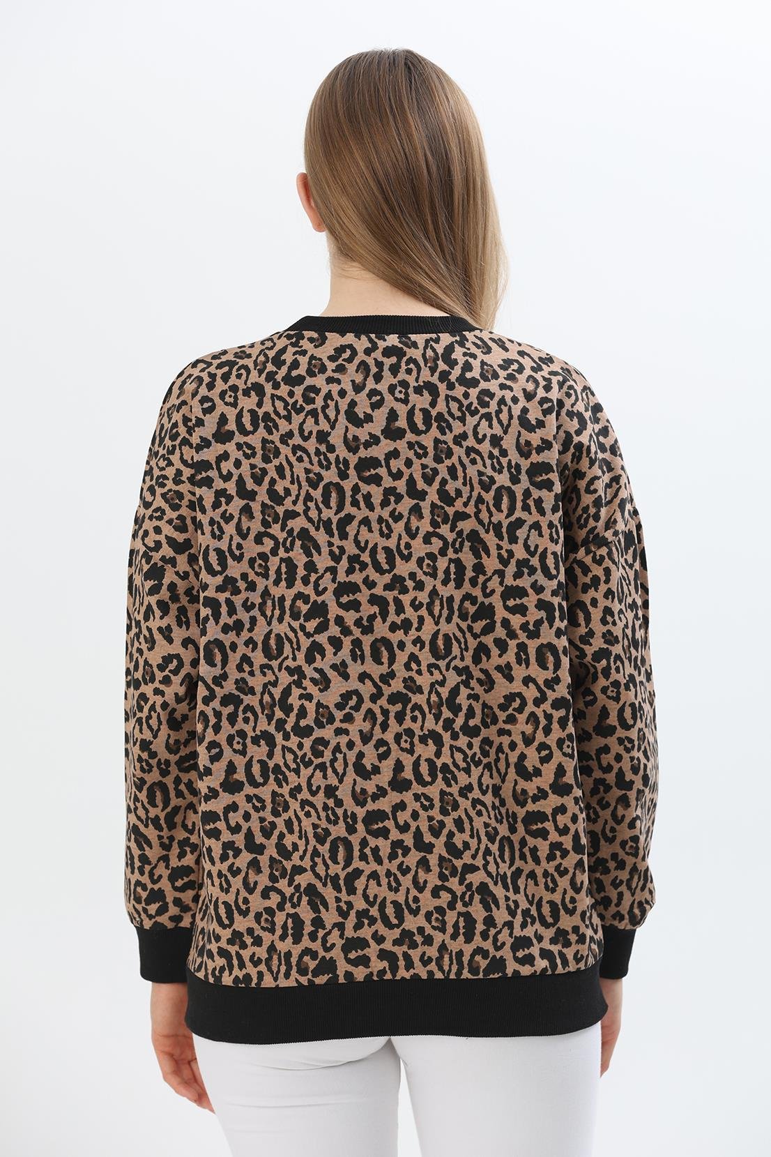 Çiçek Desen İki İplik Sweatshirt Leopar