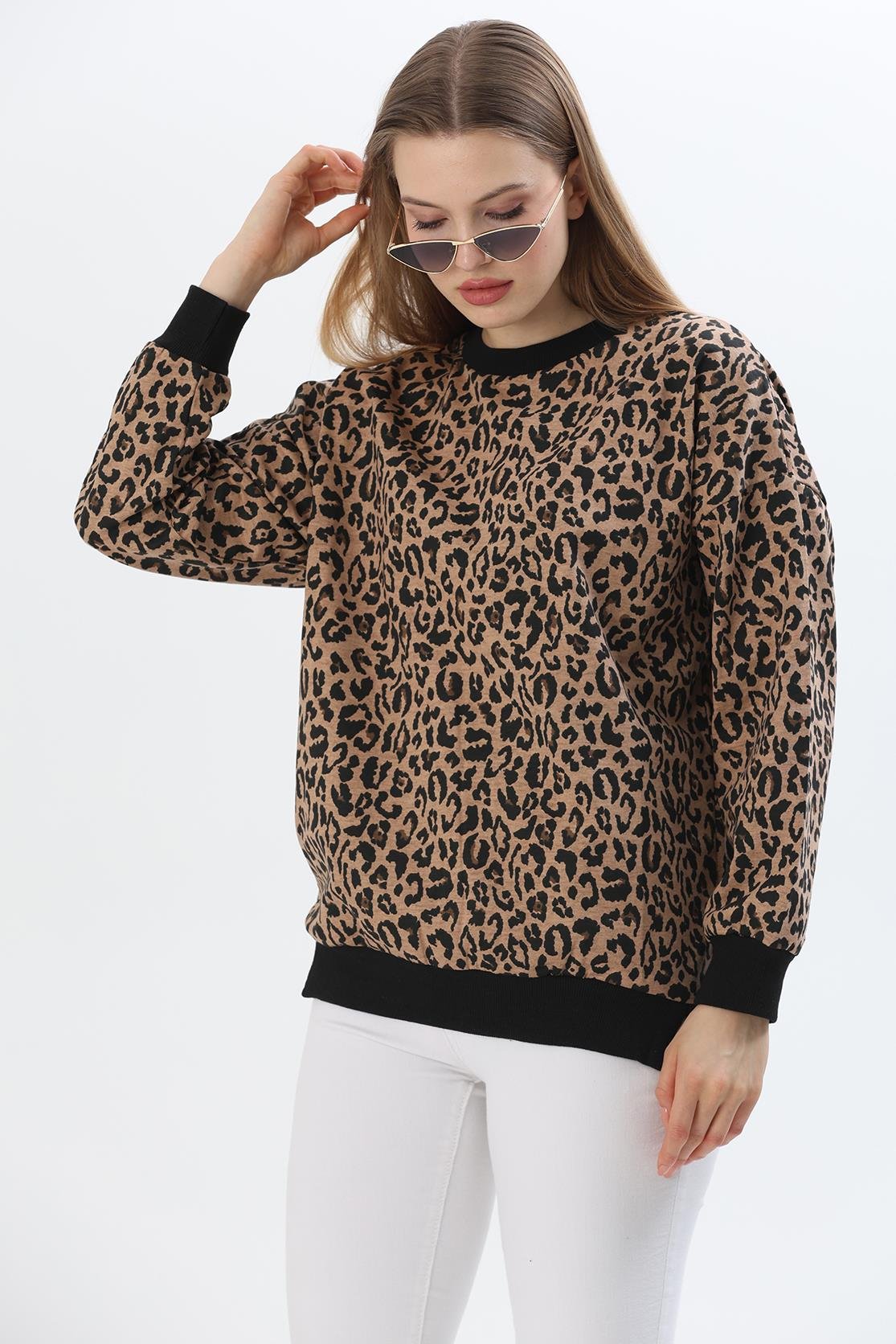 Çiçek Desen İki İplik Sweatshirt Leopar