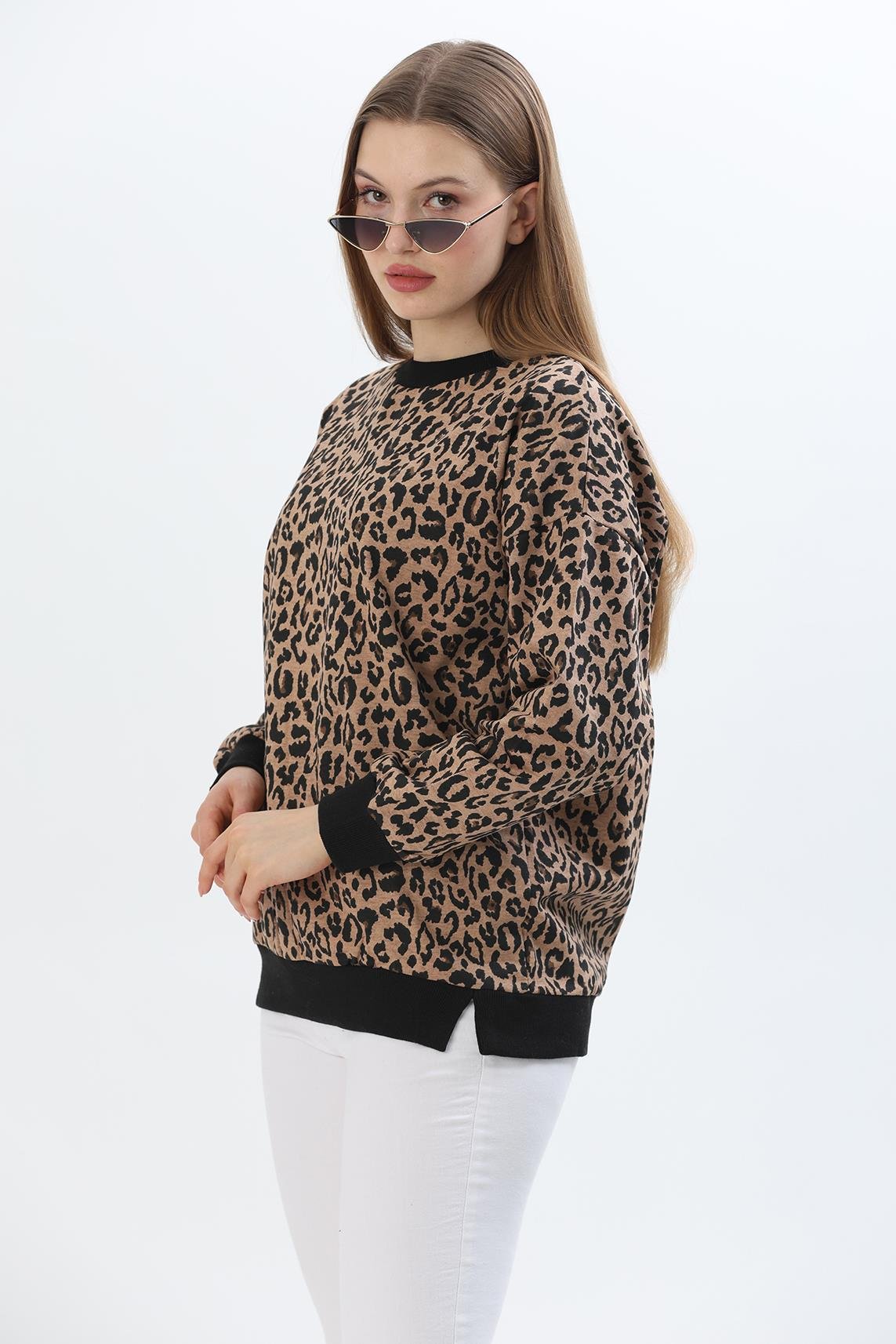 Çiçek Desen İki İplik Sweatshirt Leopar