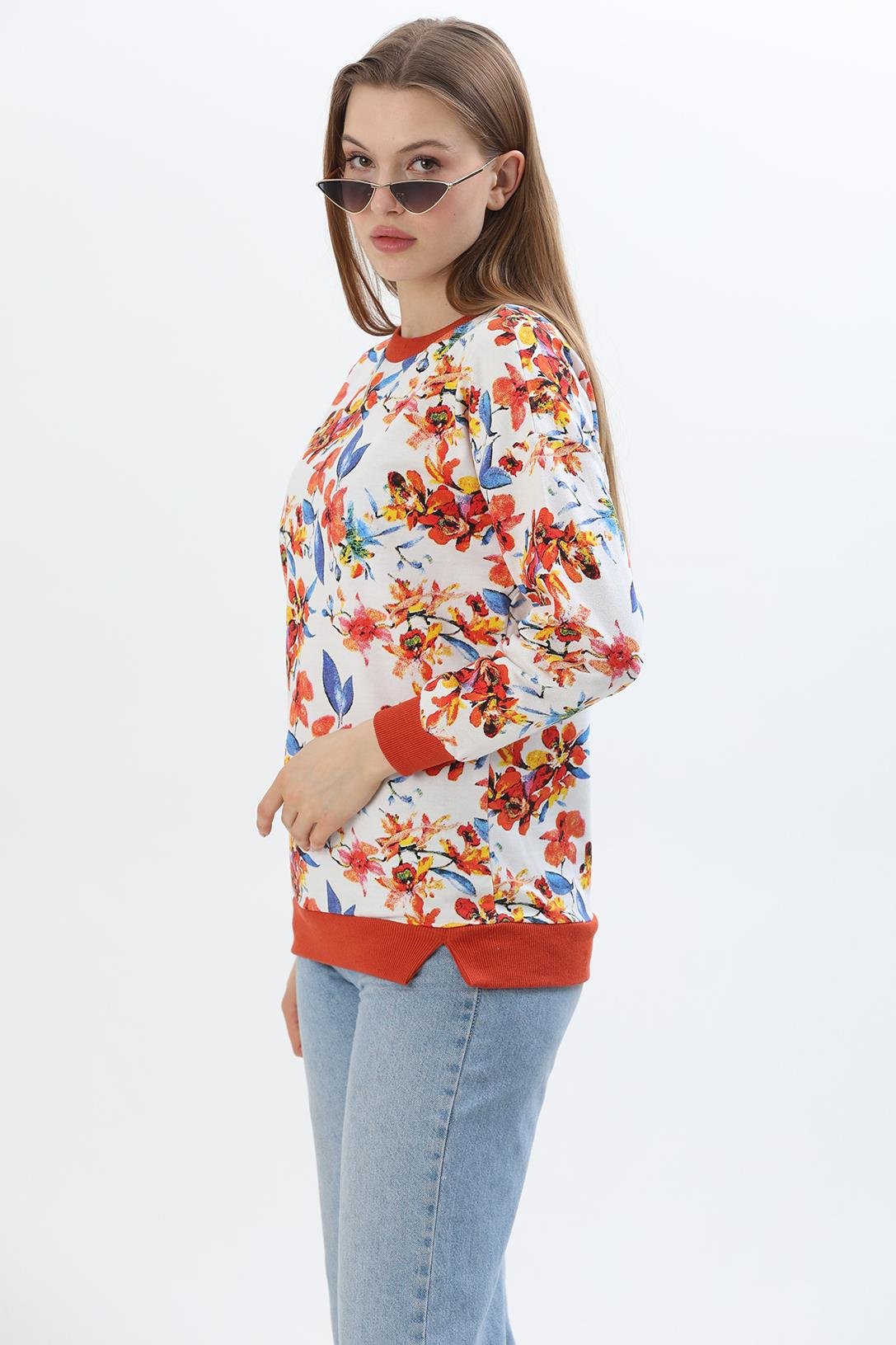 Çiçek Desen İki İplik Sweatshirt Mavi Turuncu