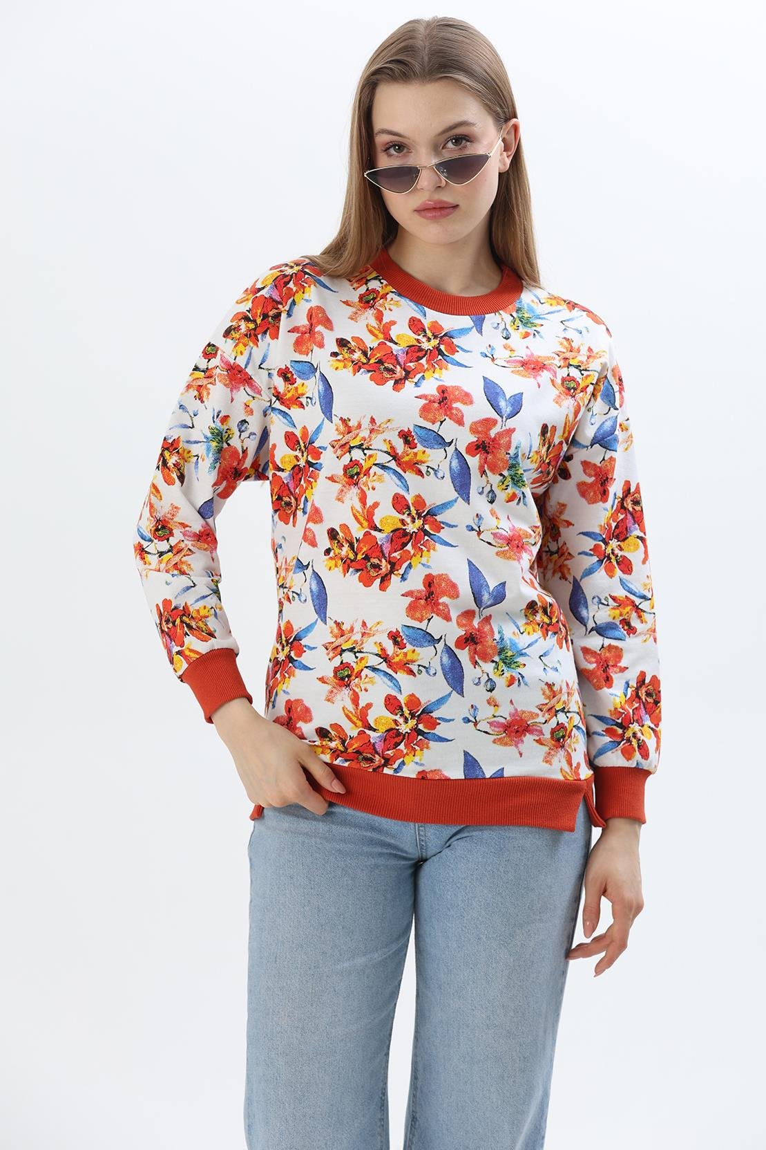 Çiçek Desen İki İplik Sweatshirt Mavi Turuncu