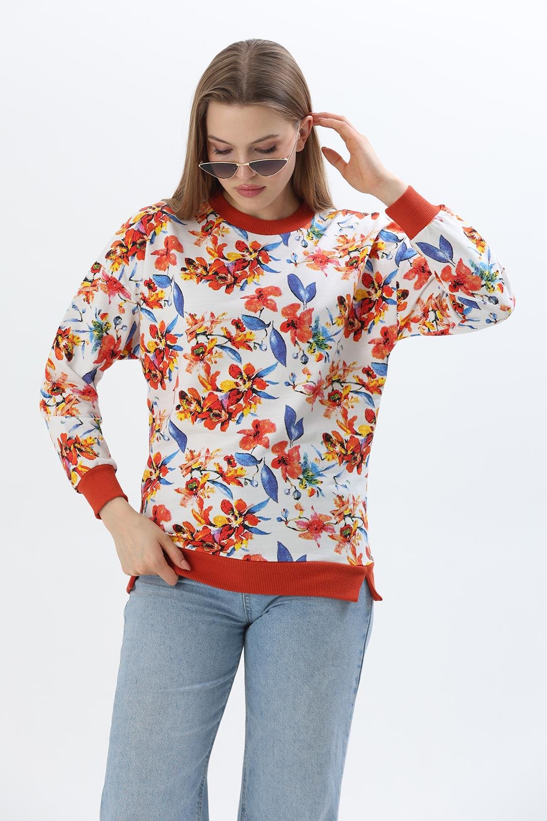 Çiçek Desen İki İplik Sweatshirt Mavi Turuncu
