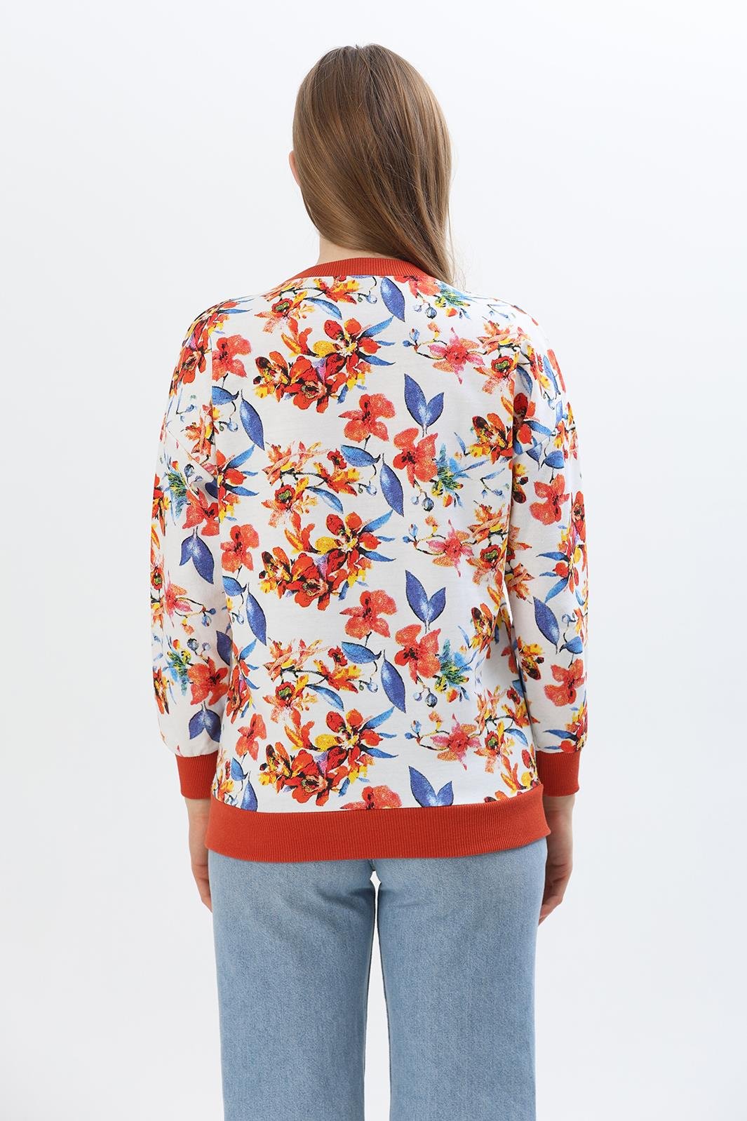 Çiçek Desen İki İplik Sweatshirt Mavi Turuncu