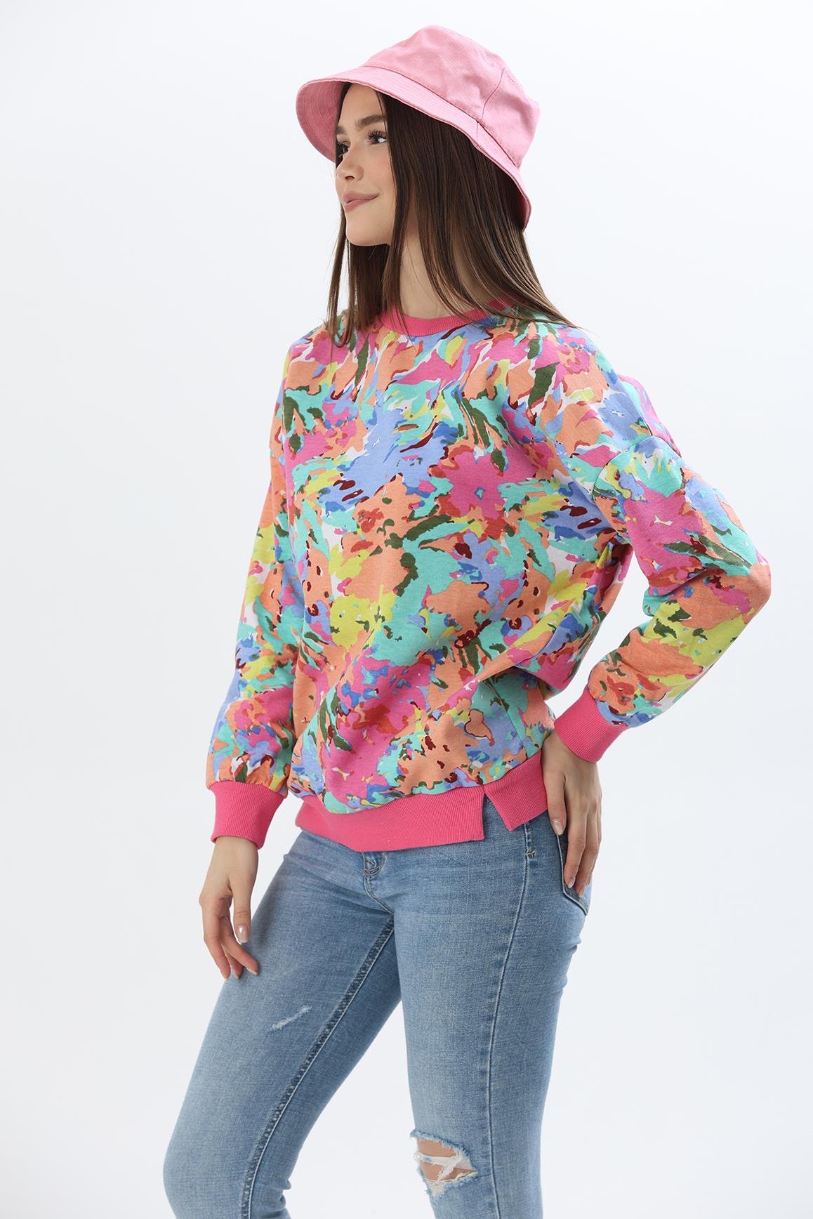Çiçek Desen İki İplik Sweatshirt Pembe