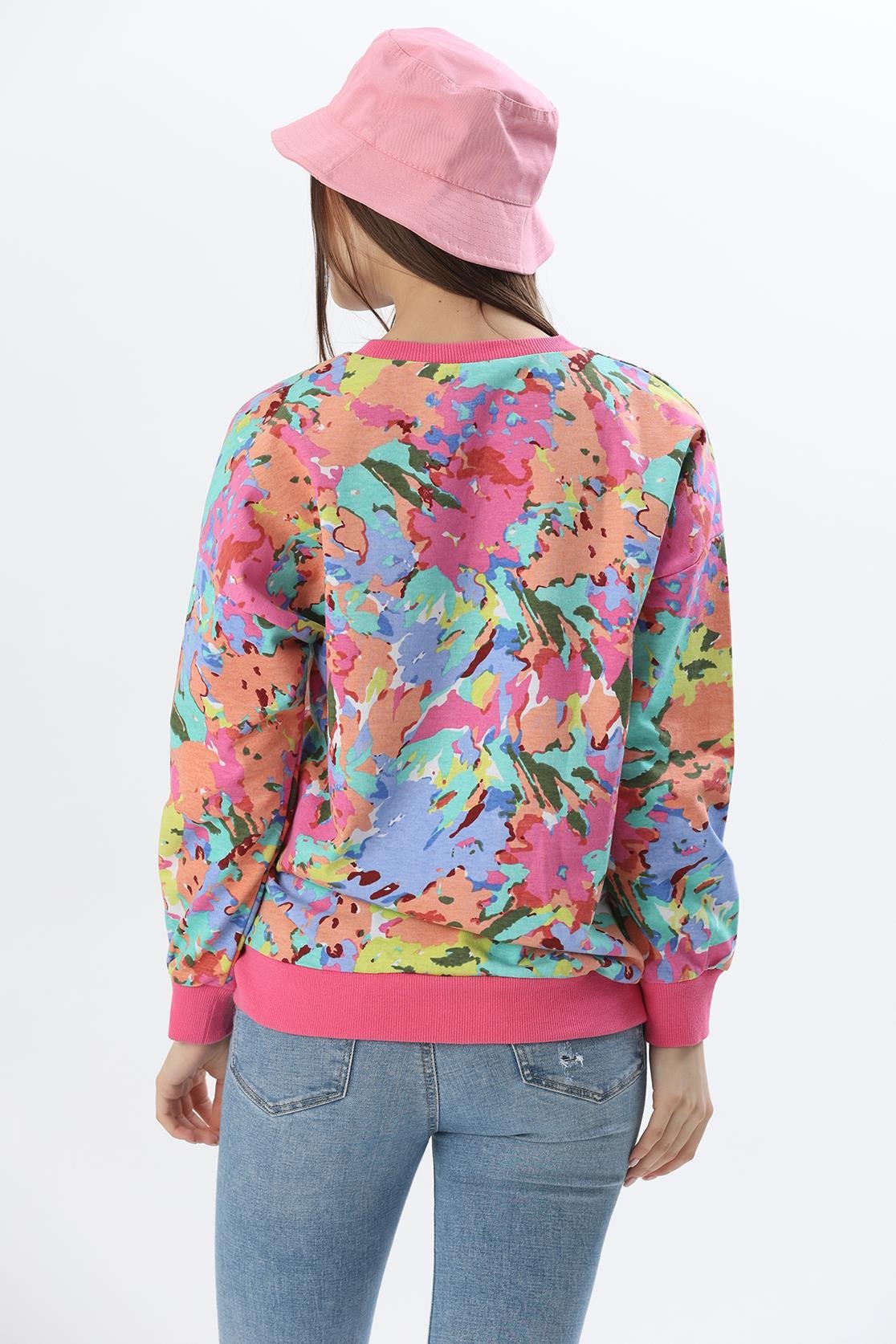 Çiçek Desen İki İplik Sweatshirt Pembe