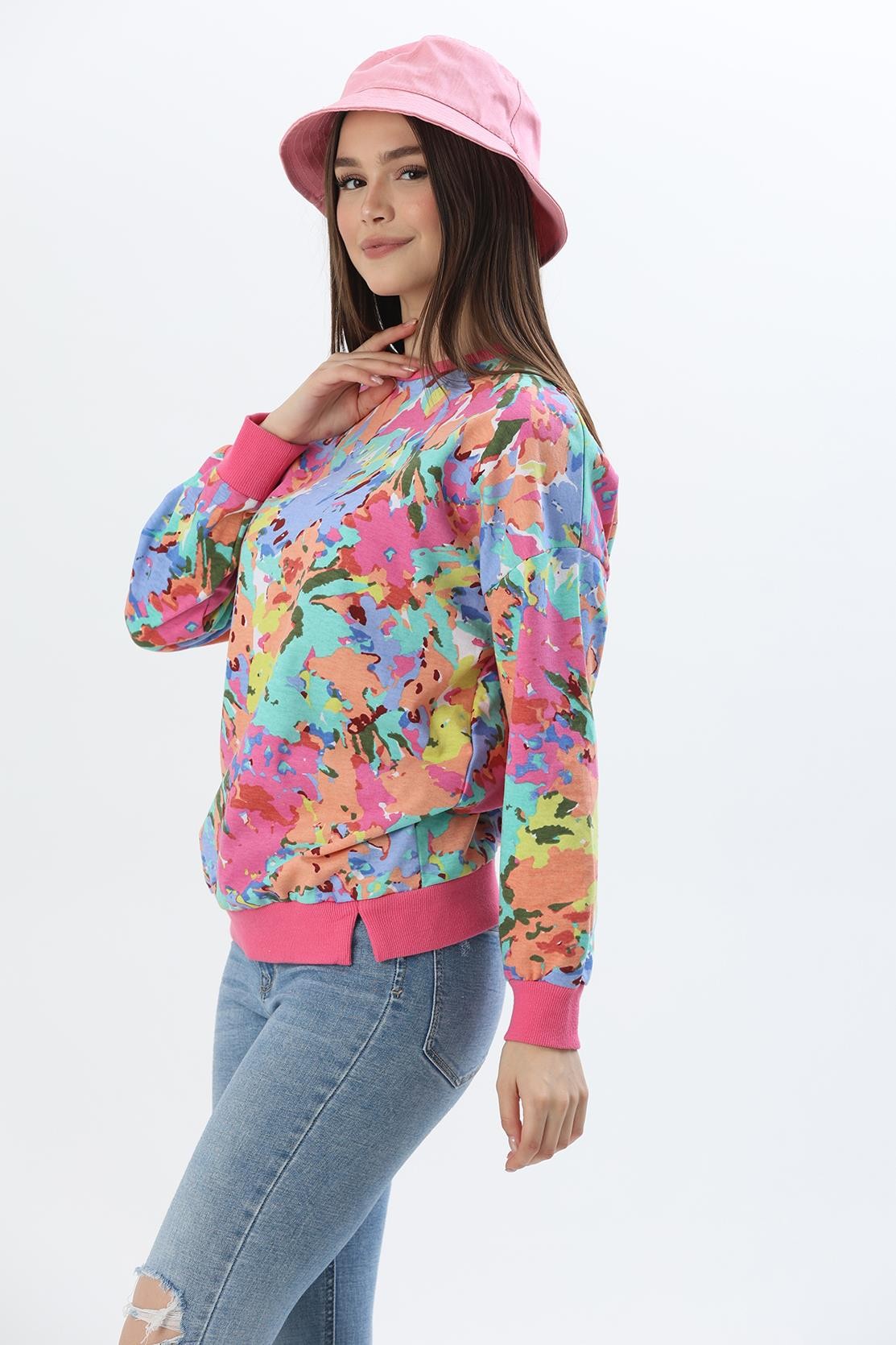 Çiçek Desen İki İplik Sweatshirt Pembe