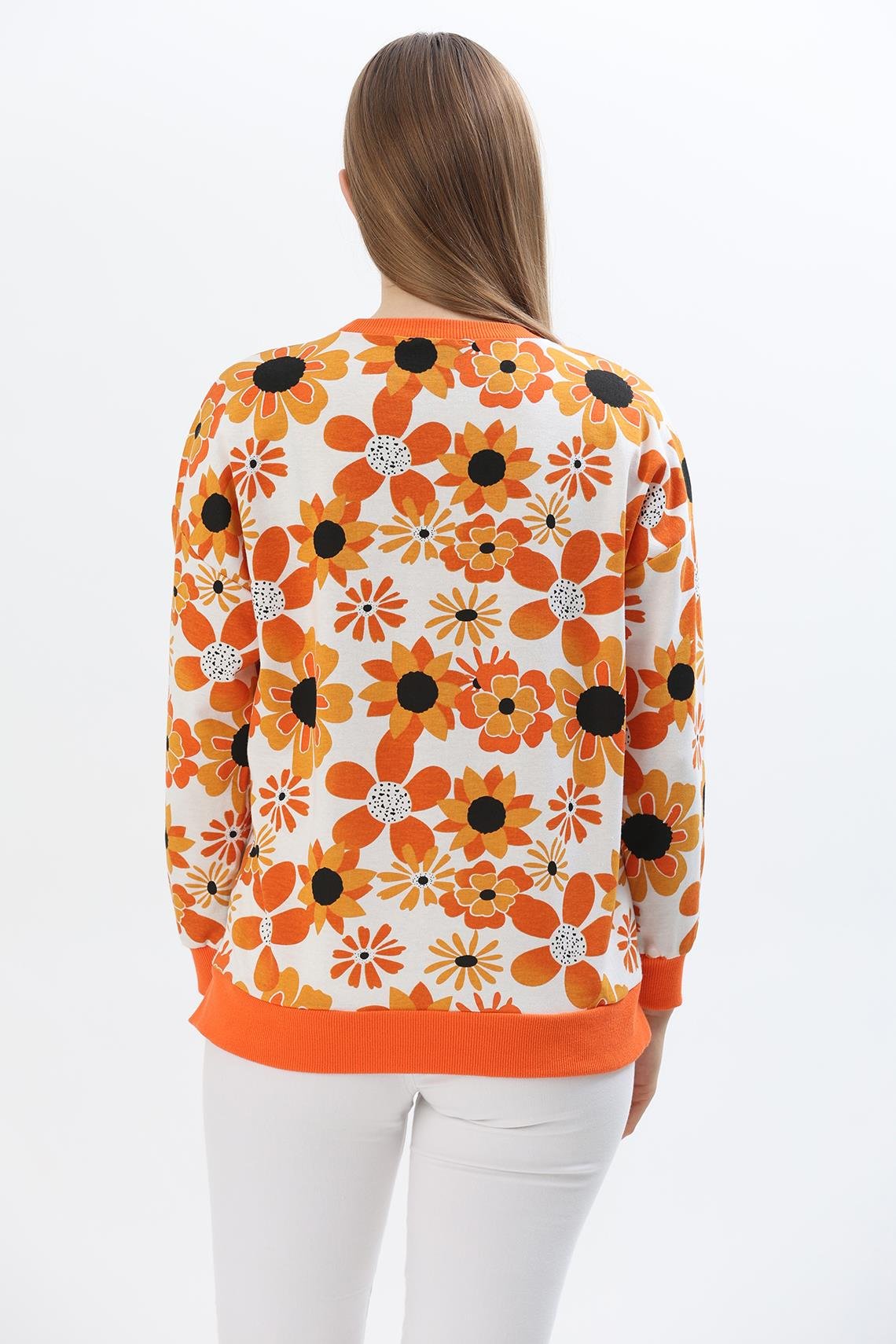 Çiçek Desen İki İplik Sweatshirt Turuncu