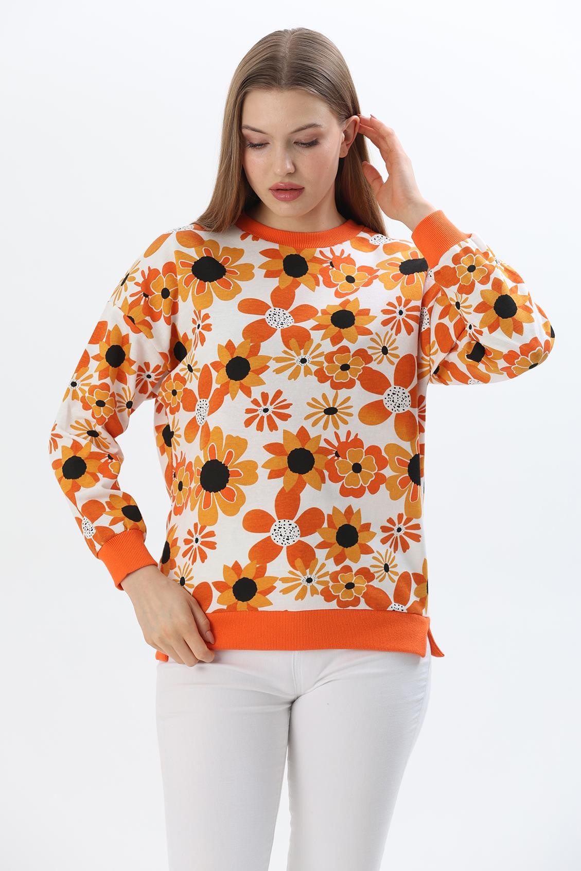 Çiçek Desen İki İplik Sweatshirt Turuncu