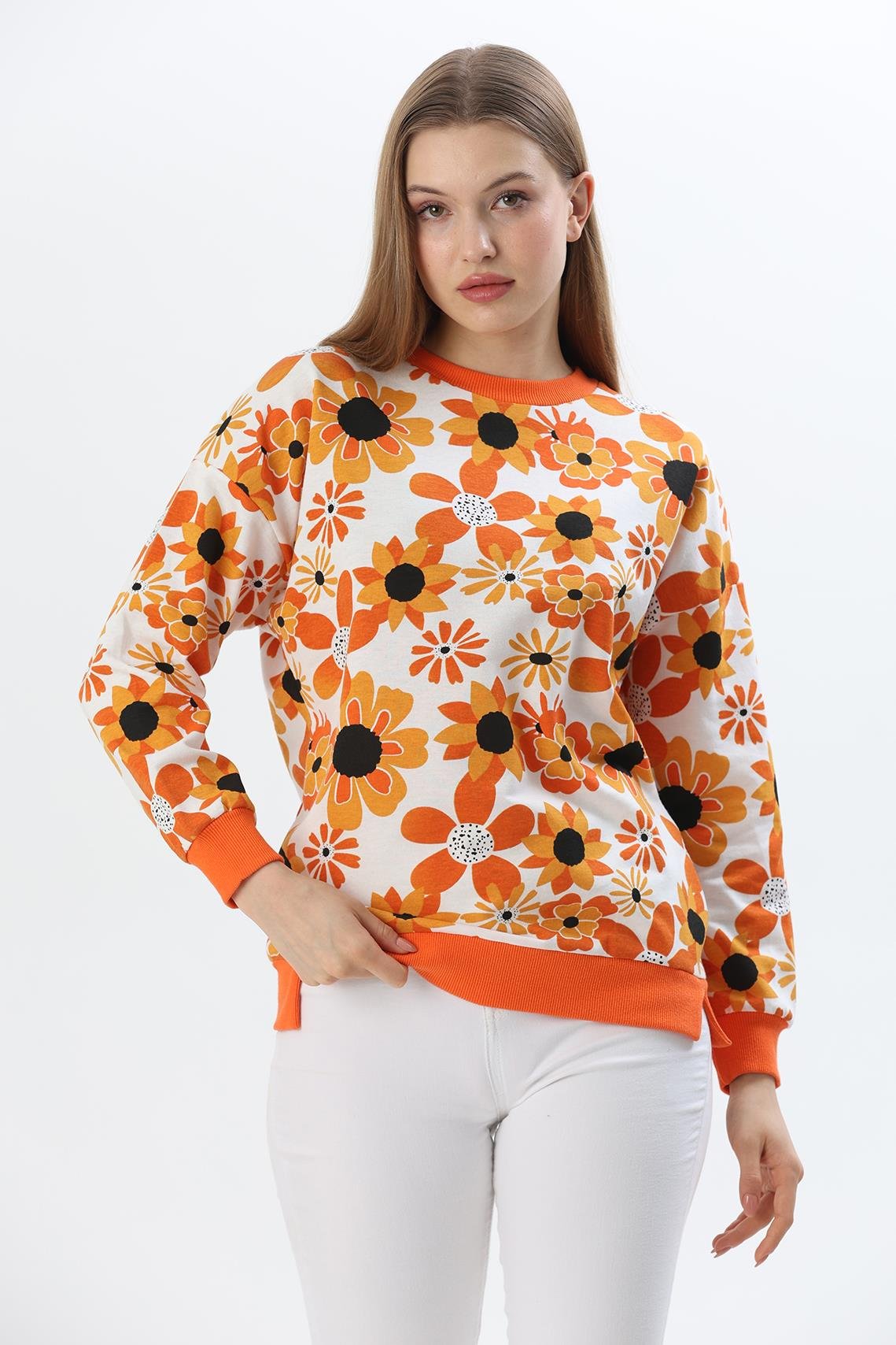 Çiçek Desen İki İplik Sweatshirt Turuncu