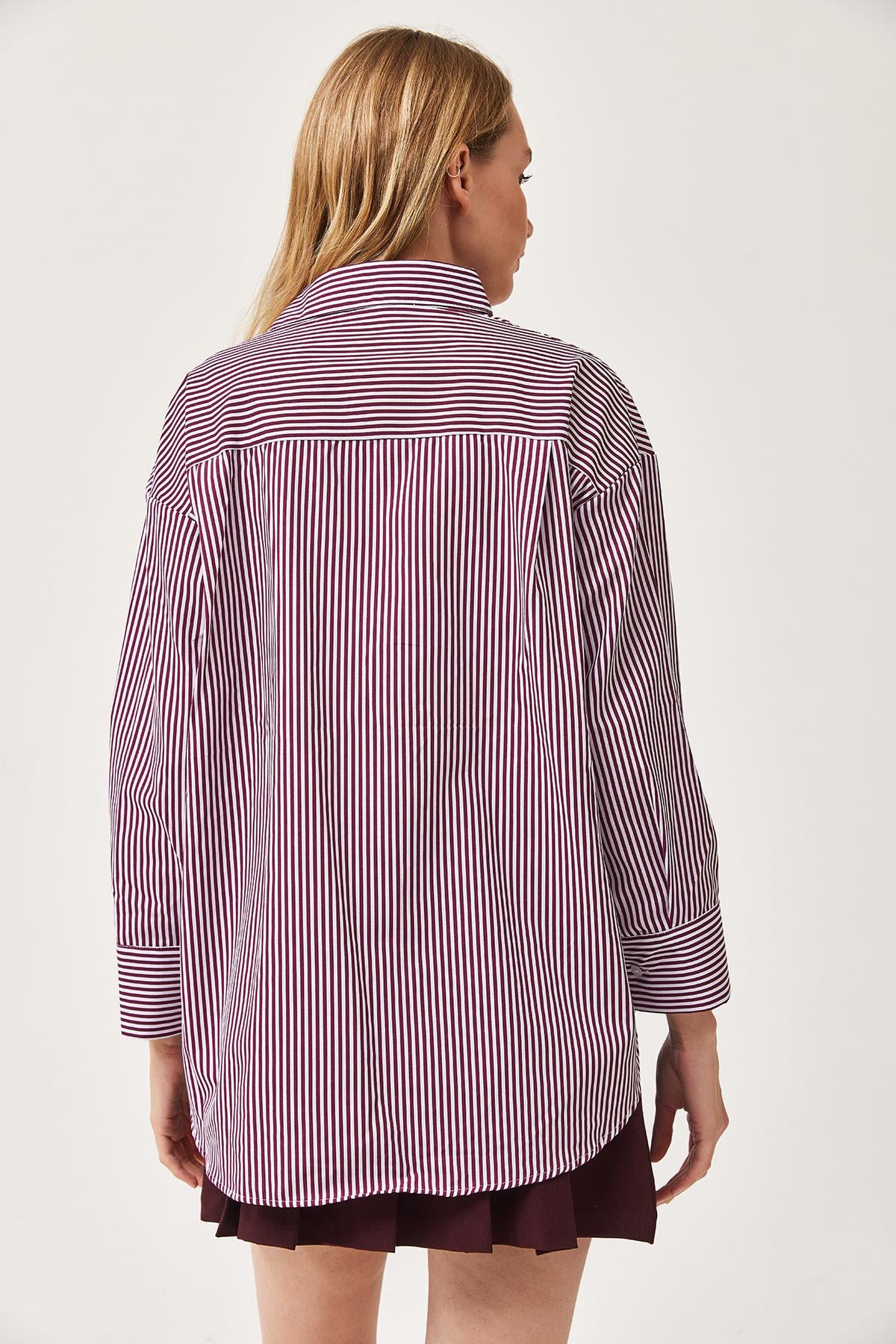 Çizgili Oversize Basic Gömlek Bordo