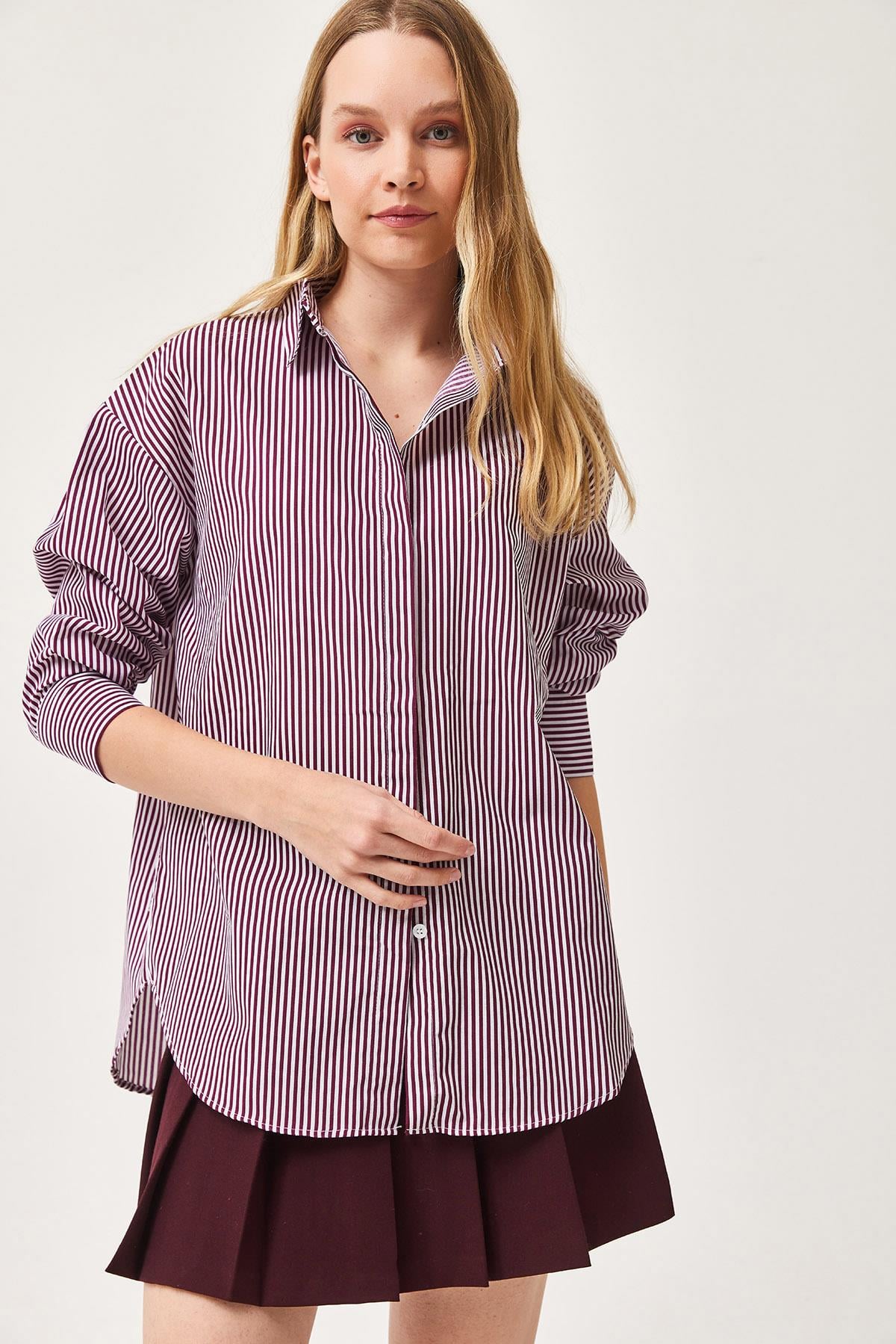 Çizgili Oversize Basic Gömlek Bordo