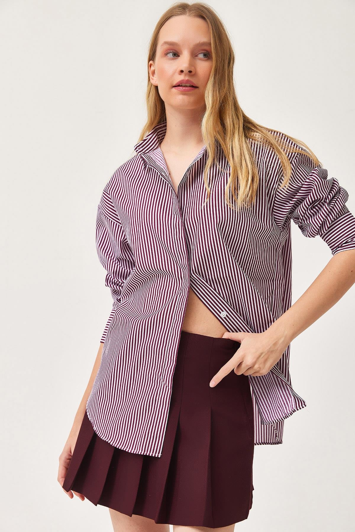 Çizgili Oversize Basic Gömlek Bordo