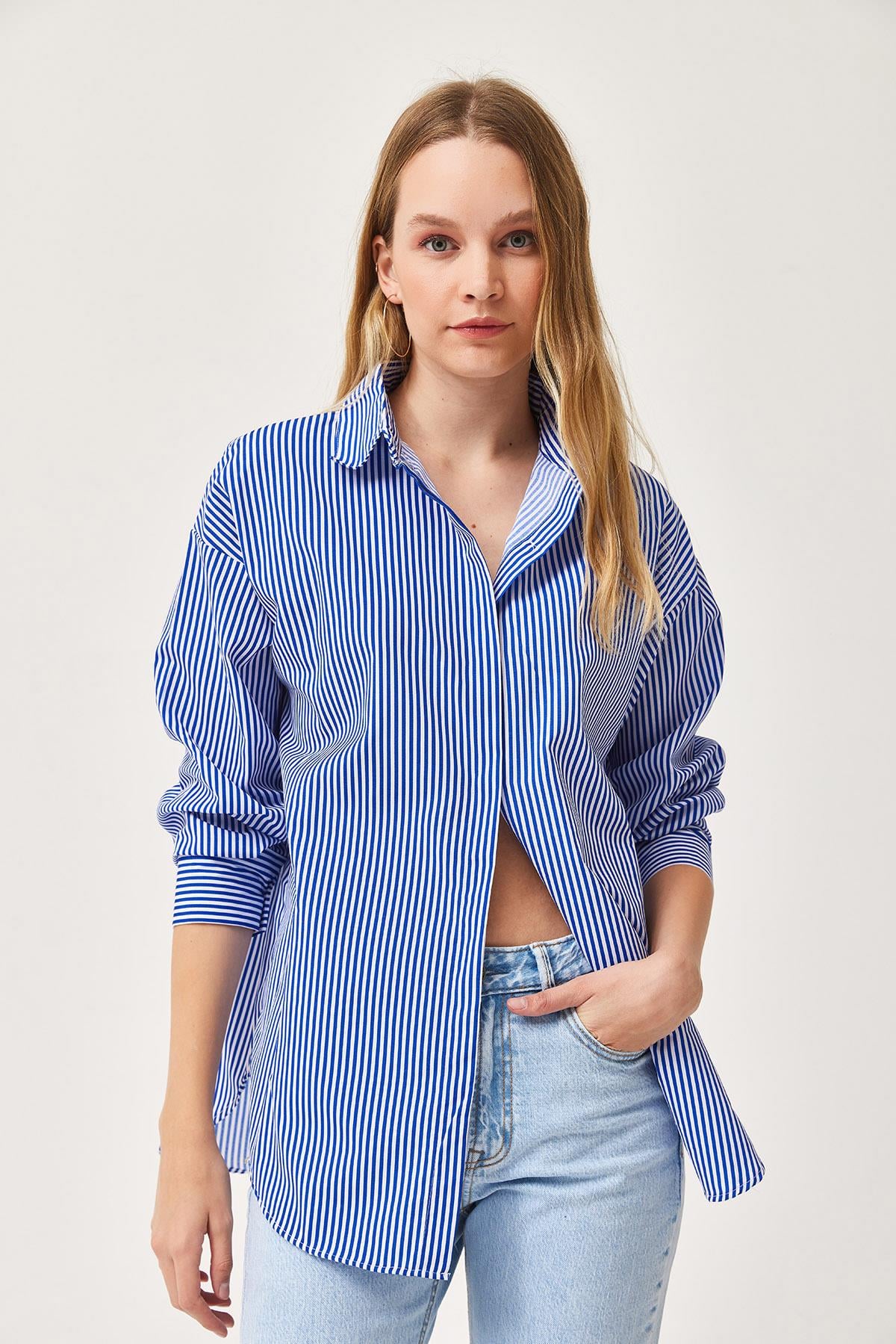 Çizgili Oversize Basic Gömlek Mavi