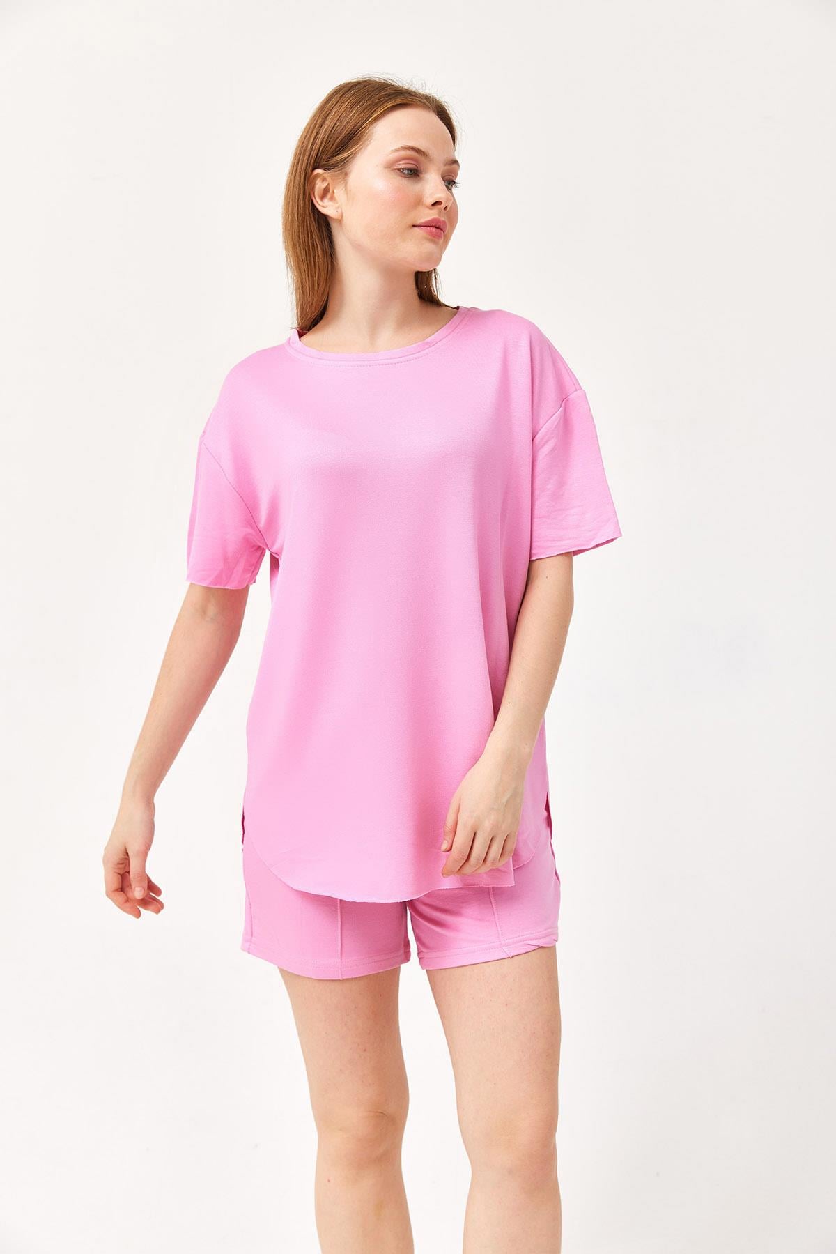 İkili Şortlu Modal Takım Pembe