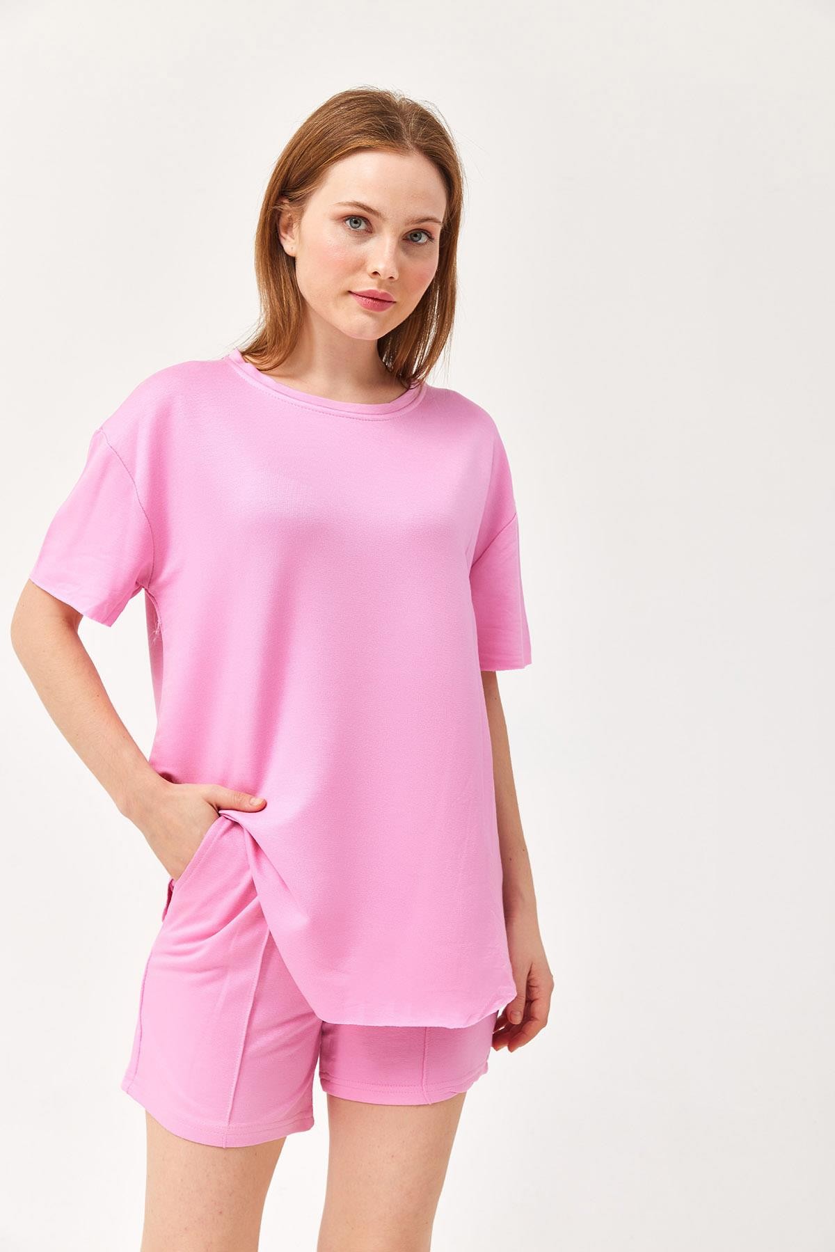 İkili Şortlu Modal Takım Pembe