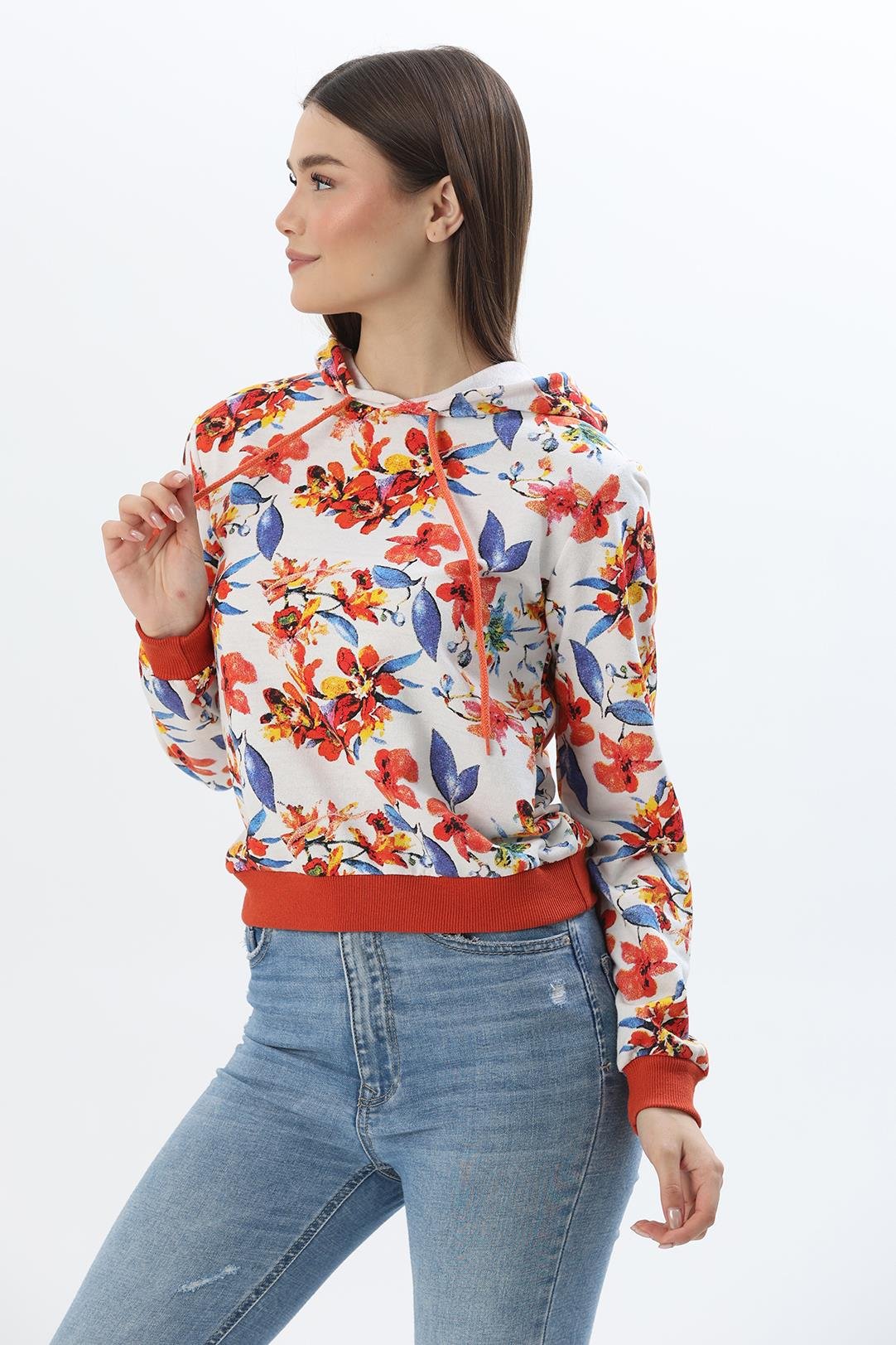 Kapüşonlu Çiçek Desenli İki İplik Sweatshirt Turuncu